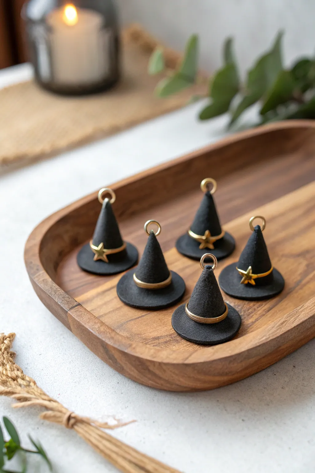 Tiny matte black witch hat charms lined on a wooden tray, minimalist and perfectly spooky.