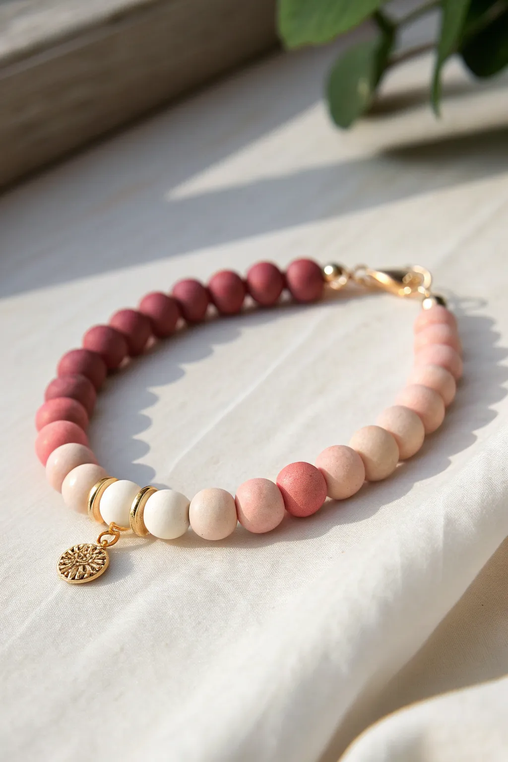 Soft spring ombre clay bead bracelet in rosy pink to blush to cream, minimalist and airy.