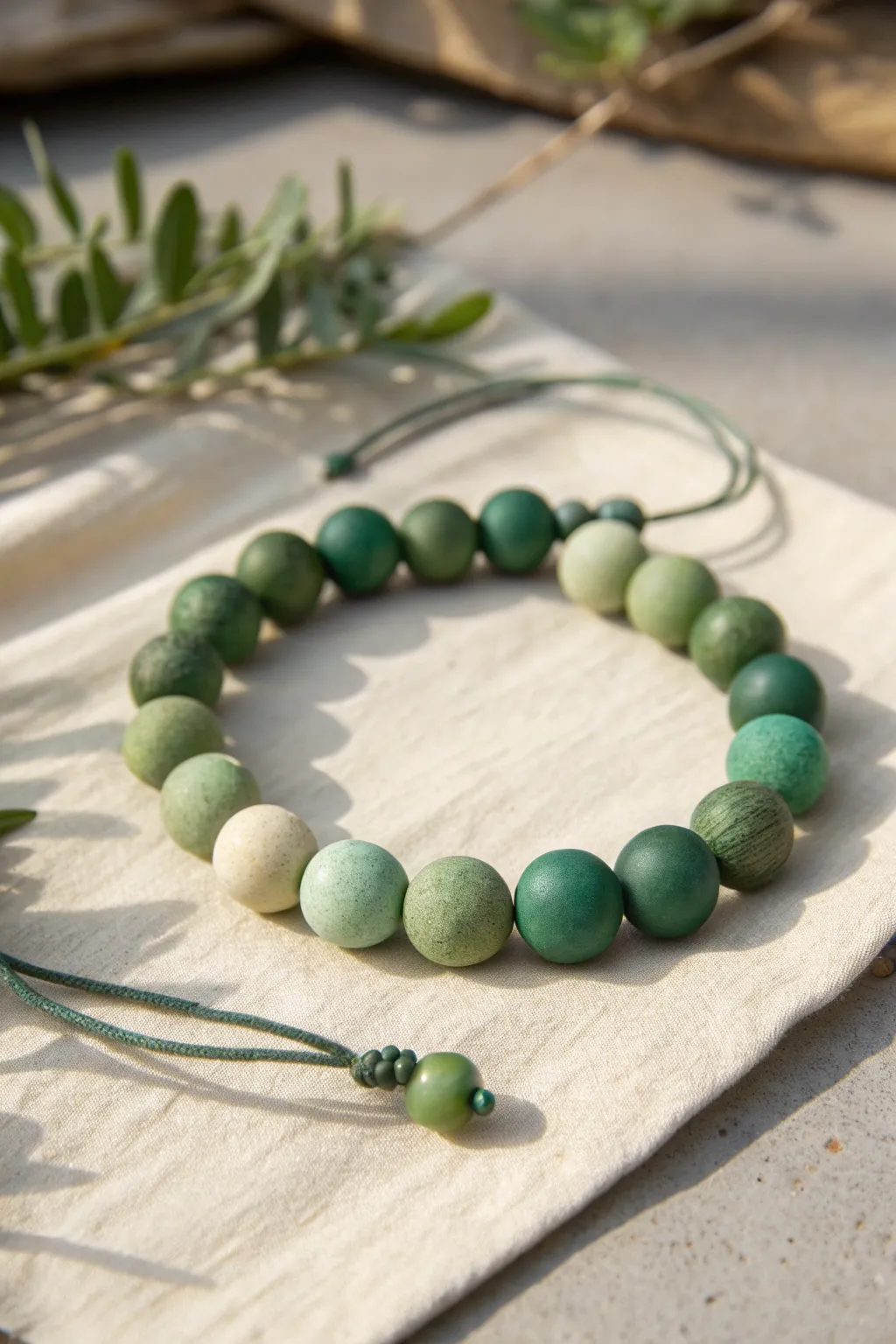 Forest to mint ombre clay bead bracelet with minimalist, handmade St Patricks Day style