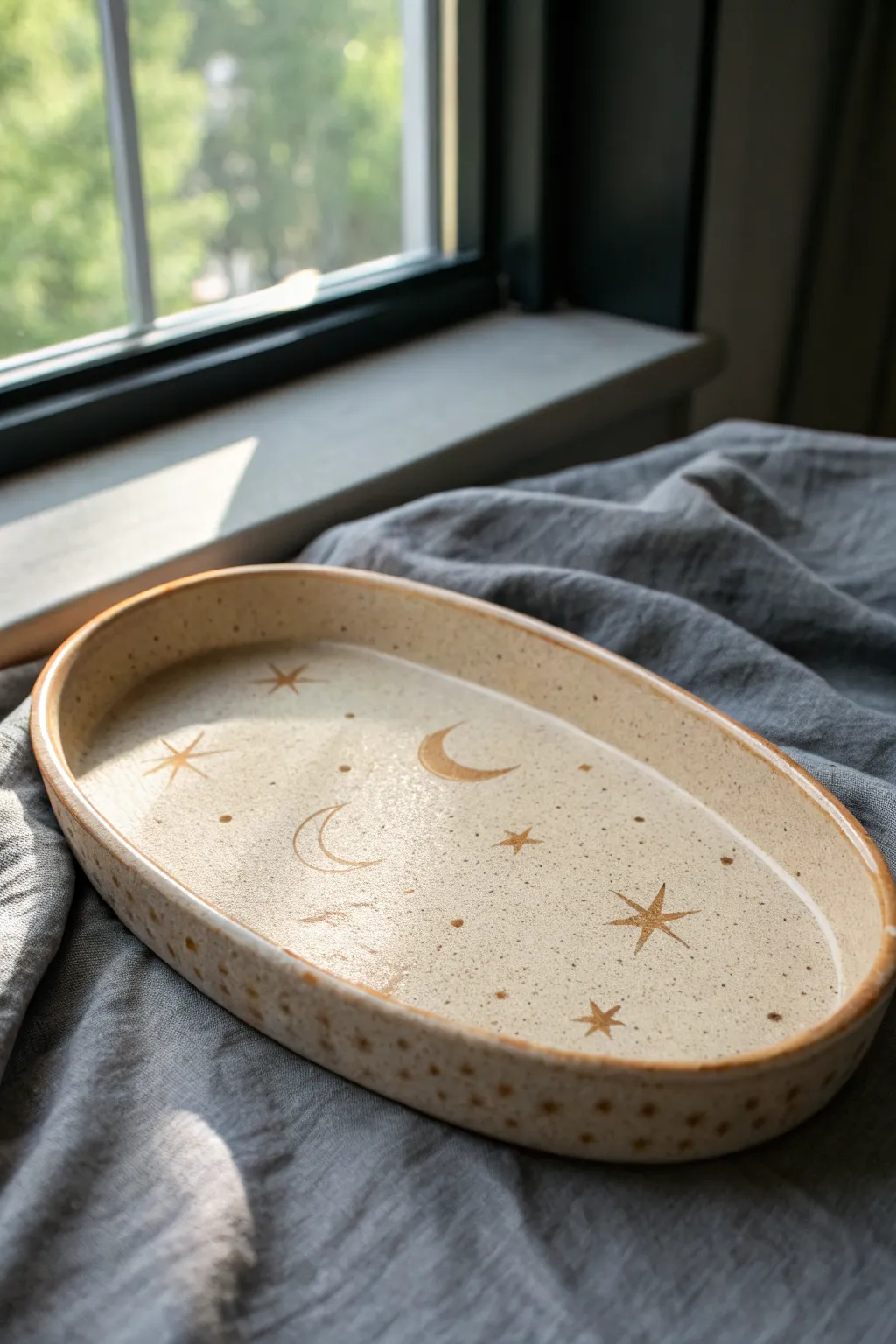 Minimal speckled clay rolling tray with cosmic motifs, raised edges, and cozy boho vibes.