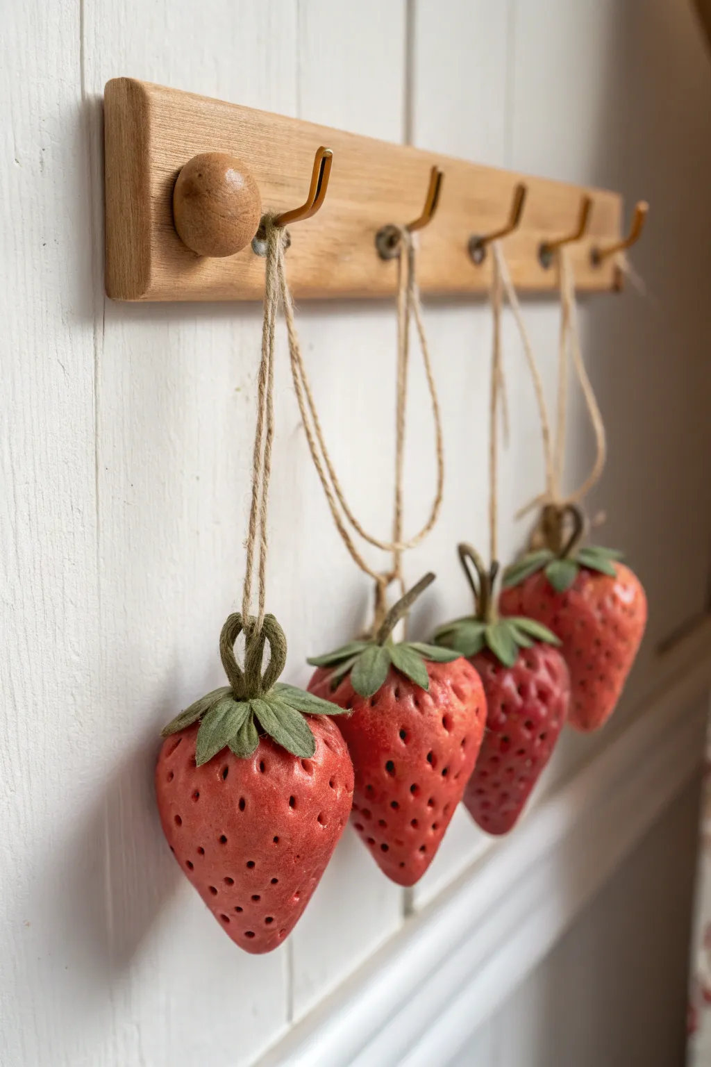 Handmade clay strawberry ornaments, softly hanging in a minimal Scandinavian boho nook