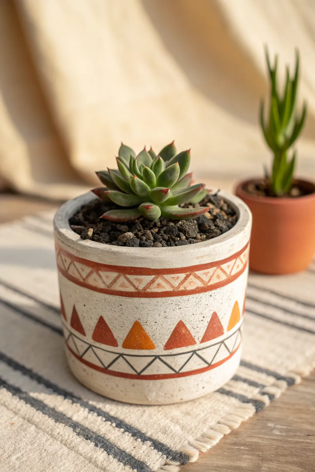 Hand-painted geometric succulent pot with dark gravel contrast, minimalist and boho chic.