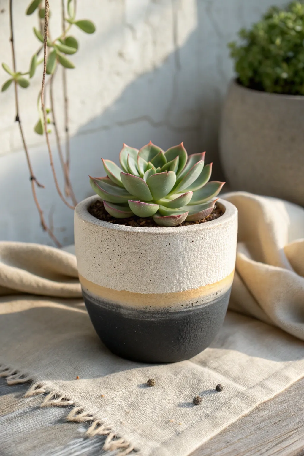 Soft ombre succulent pot in charcoal to ivory fade, minimalist and boho ready for any shelf.