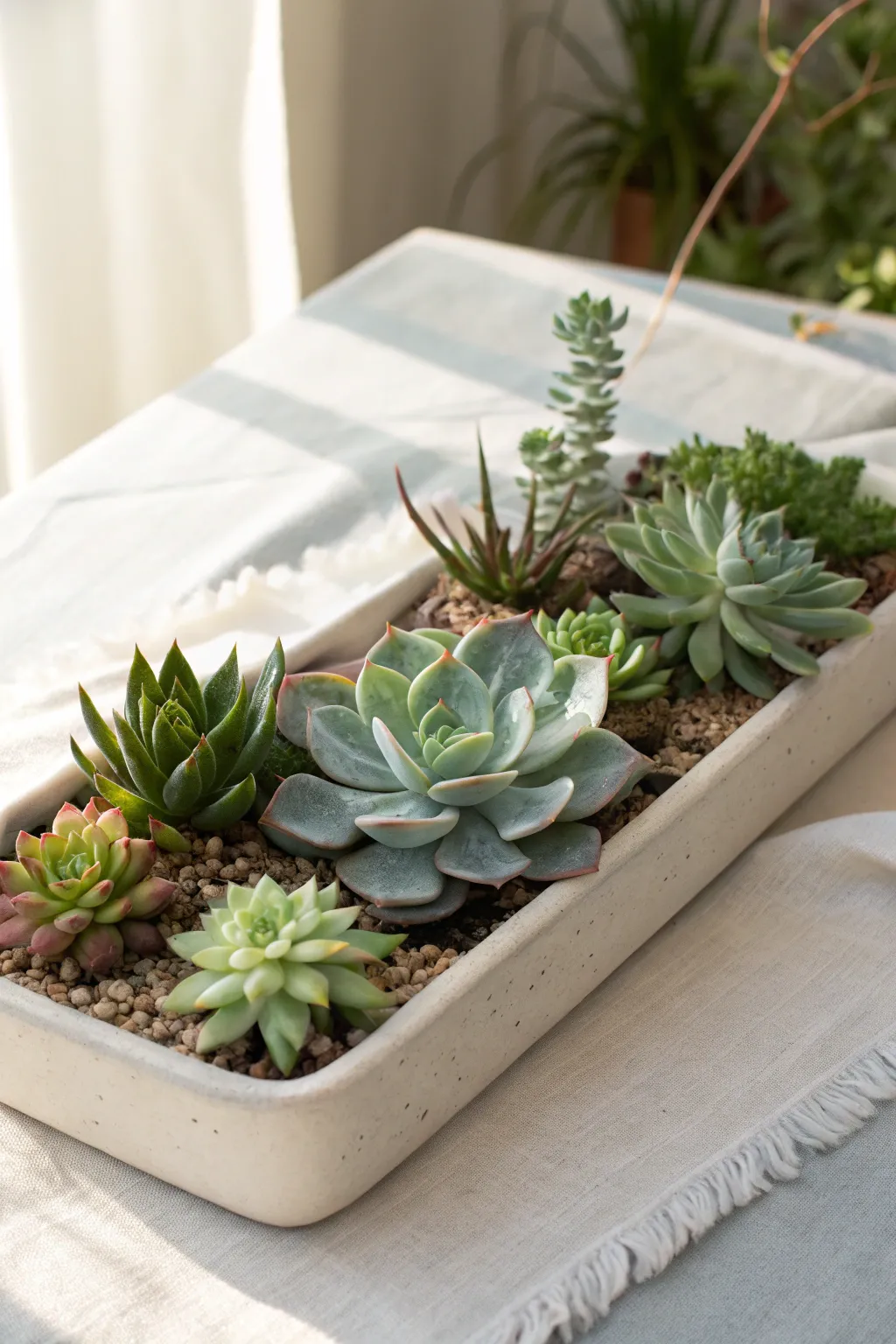 Thriller-Filler-Spiller succulent tray with one tall accent, rosettes, and a soft trailing spill