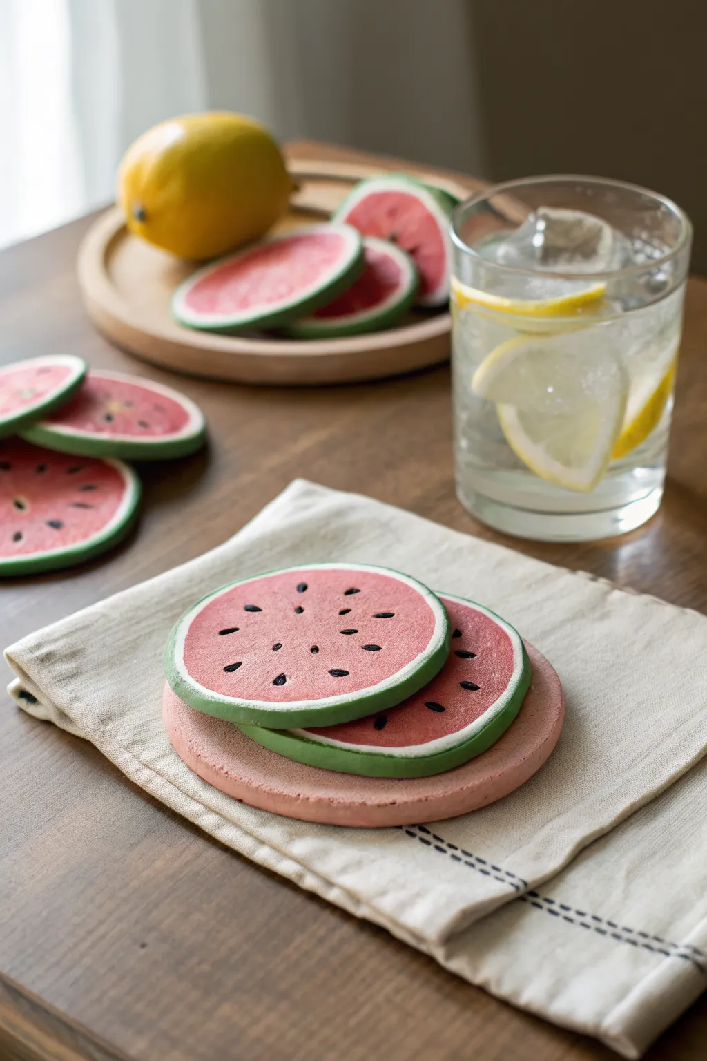 Summer-ready watermelon clay coasters with a minimalist picnic vibe, bright and handmade.