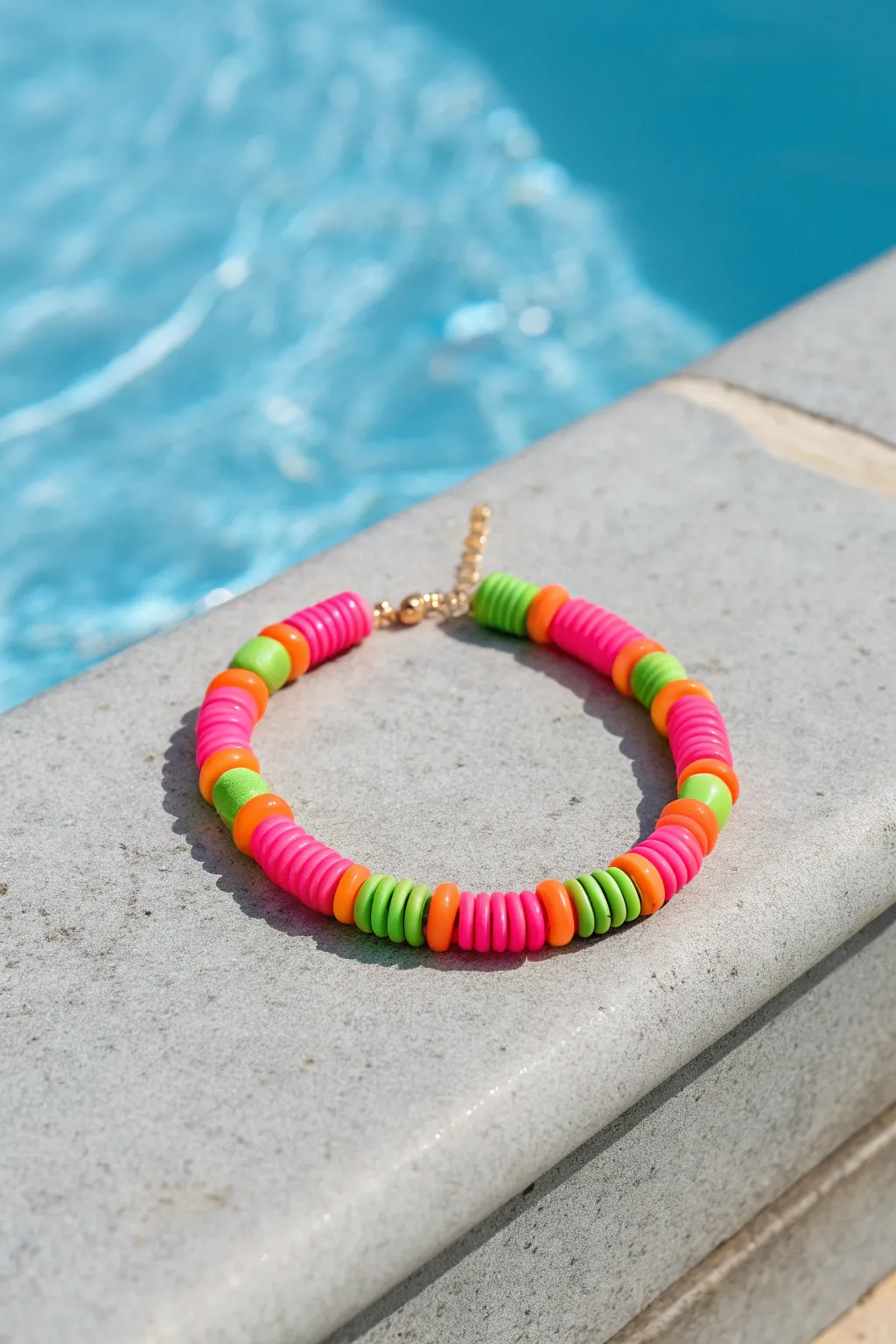 Neon color-blocked heishi bracelet in pink, orange, and green on pool-blue backdrop.