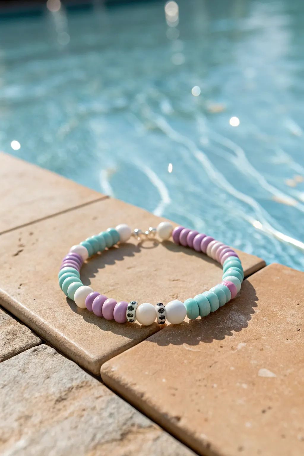 Pastel polymer clay disc bracelet poolside, mint lilac baby blue and blush with clean white spacers