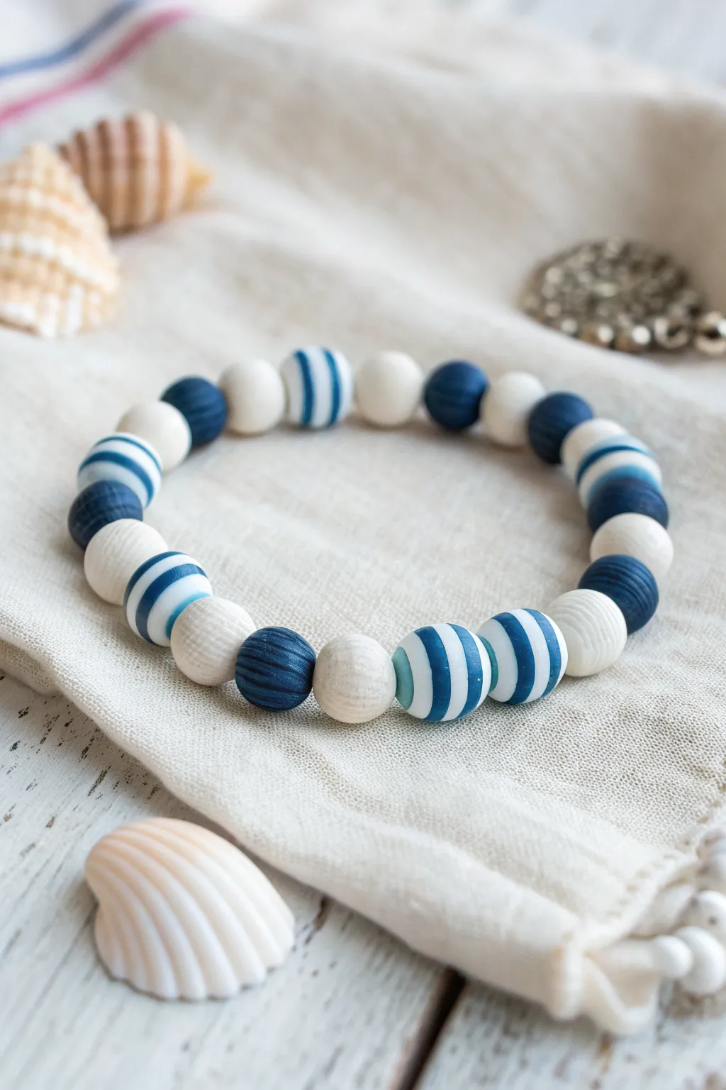 Nautical white and blue clay bead bracelet on linen with a seashell for breezy summer vibes.