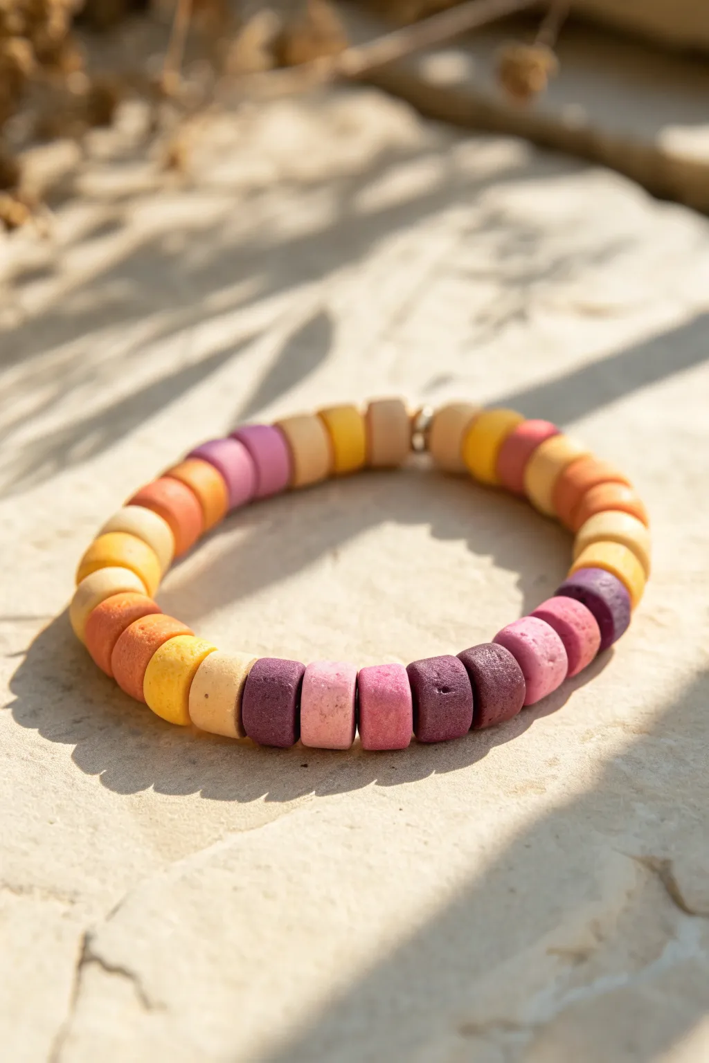 Sunset horizon clay bead bracelet in bold color blocks, minimal and handcrafted charm.