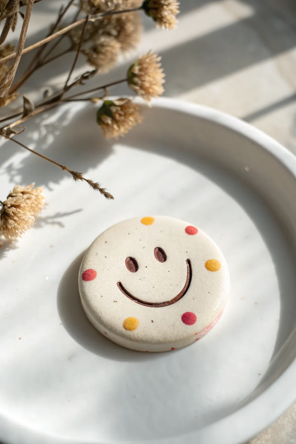 Cheerful super clay smiley magnet with 3D cheeks, minimalist color pop on white surface