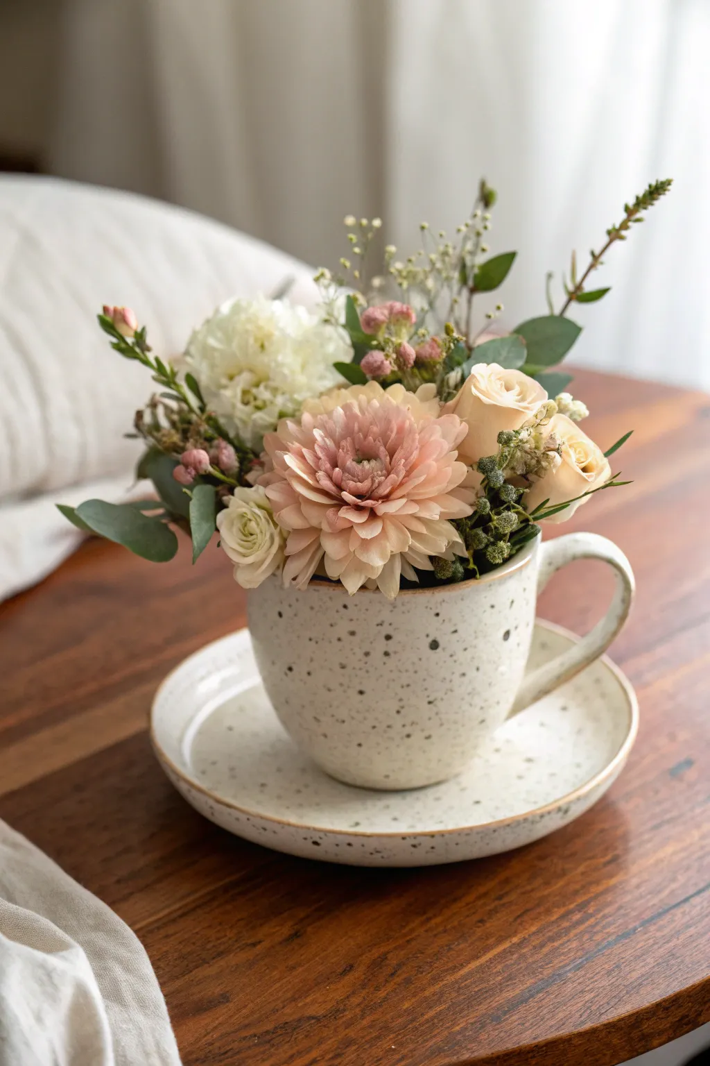 A sweet teacup flower centerpiece for soft blooms, calm minimal vibes, and natural charm.