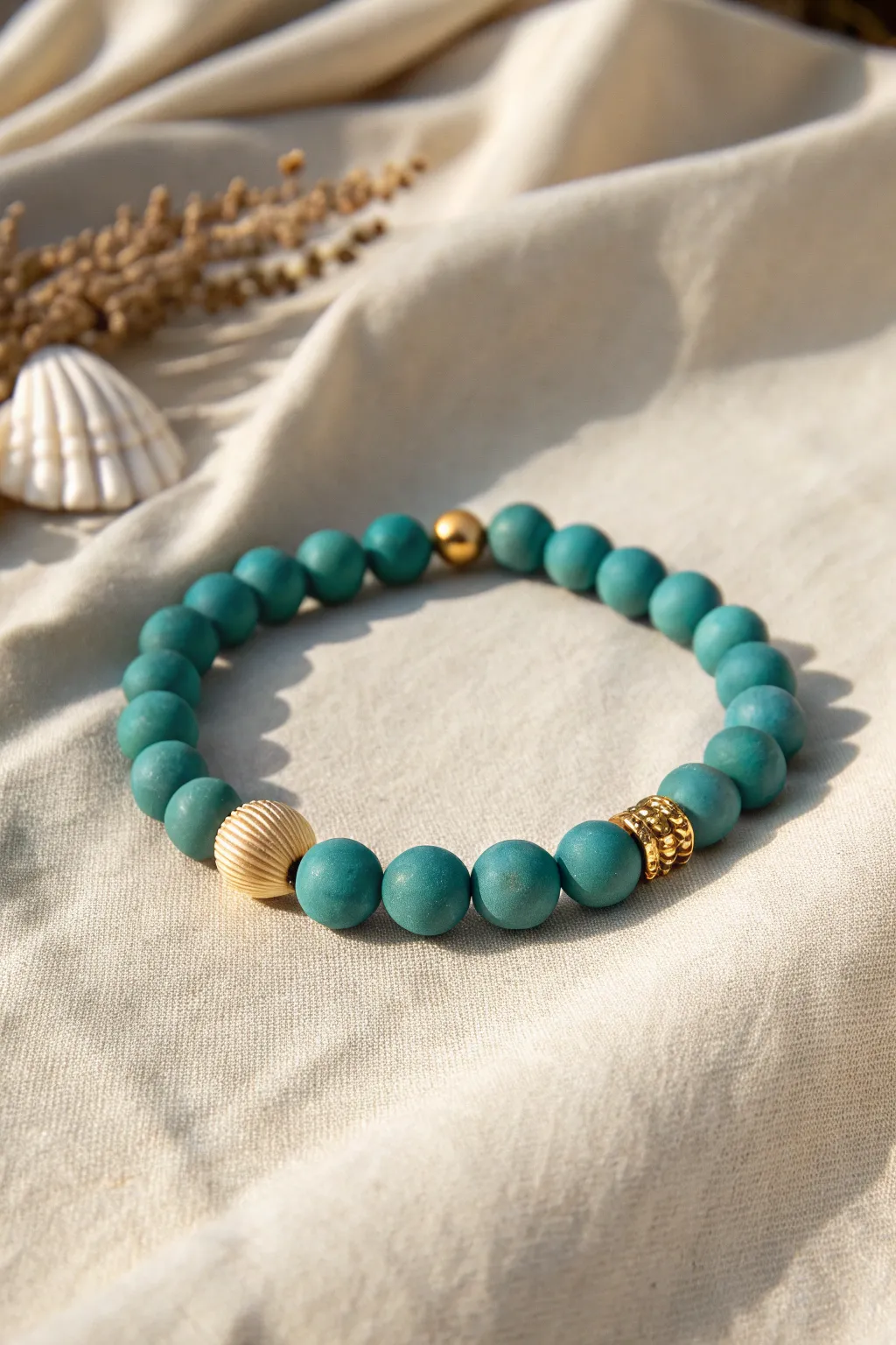 Teal clay bead bracelet with a centered shell accent and subtle gold spacers, minimal and airy