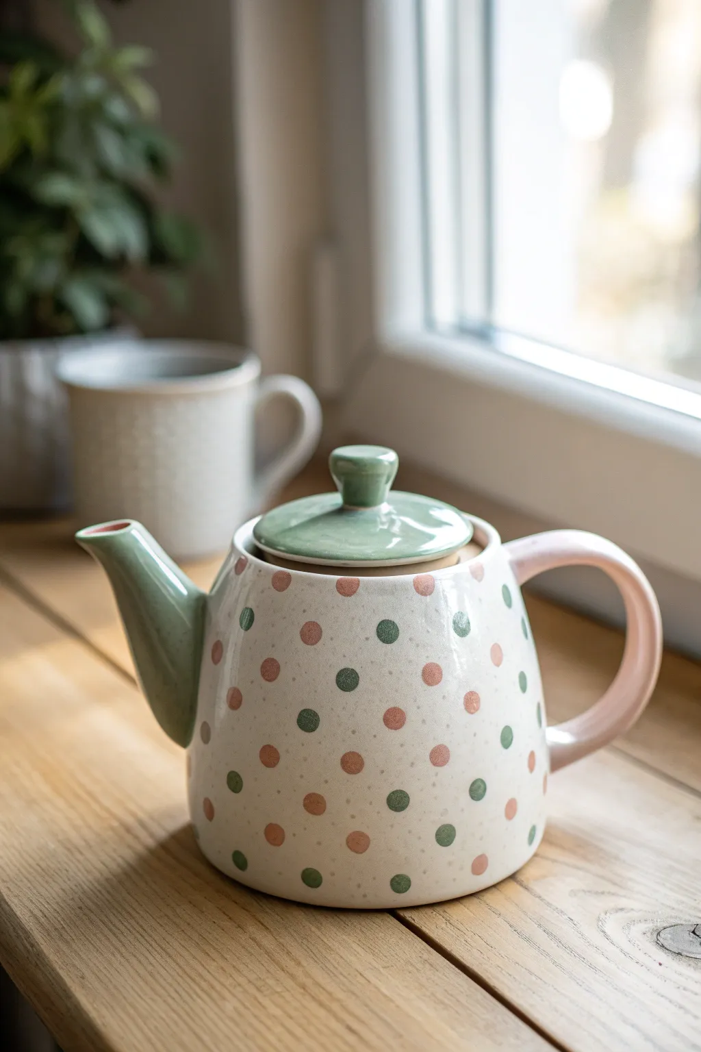 Polka dot teapot in blush and sage for a playful tea party look, simple and handmade.