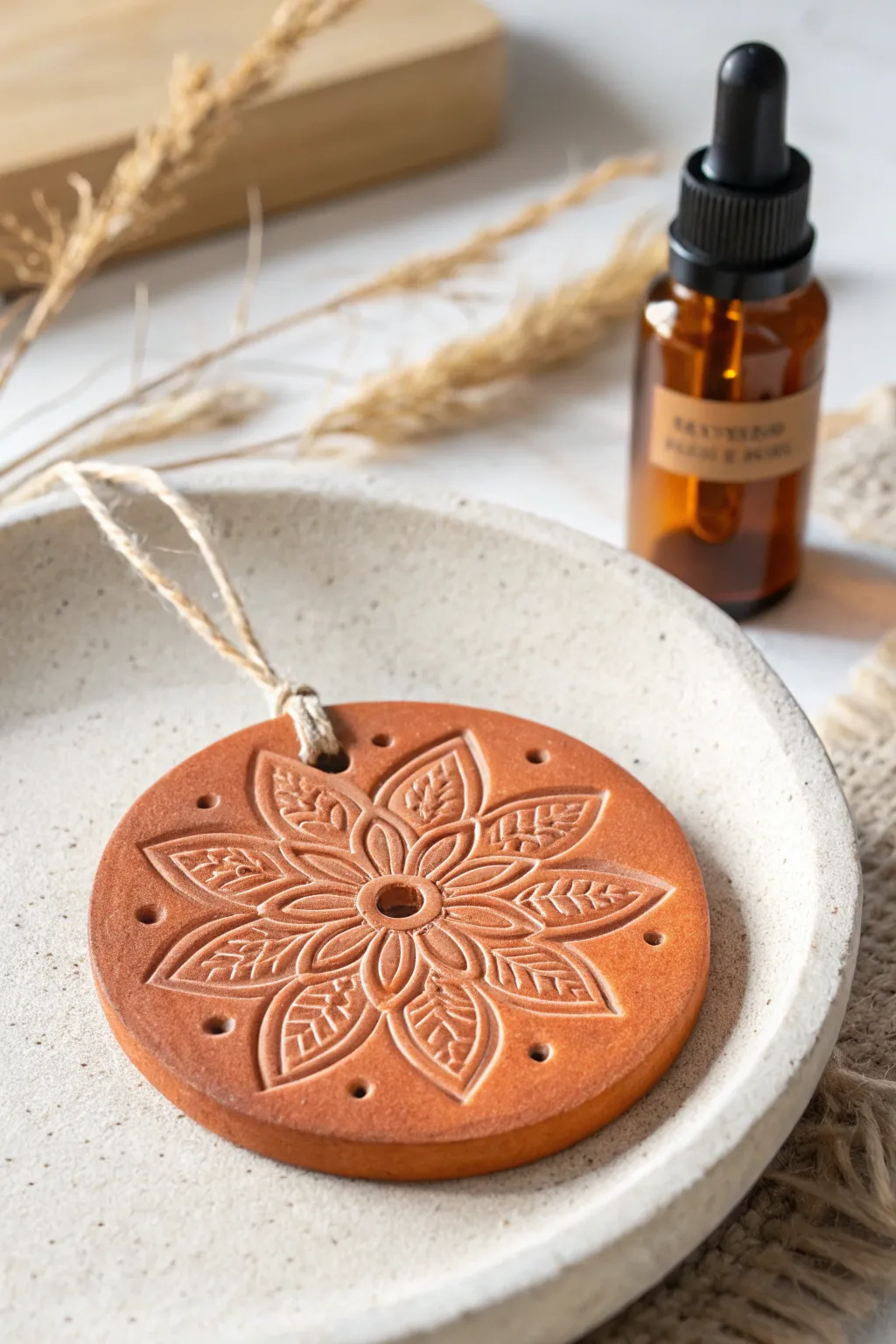 Simple terracotta diffuser disc with stamped pattern, perfect for adding essential oils at home.