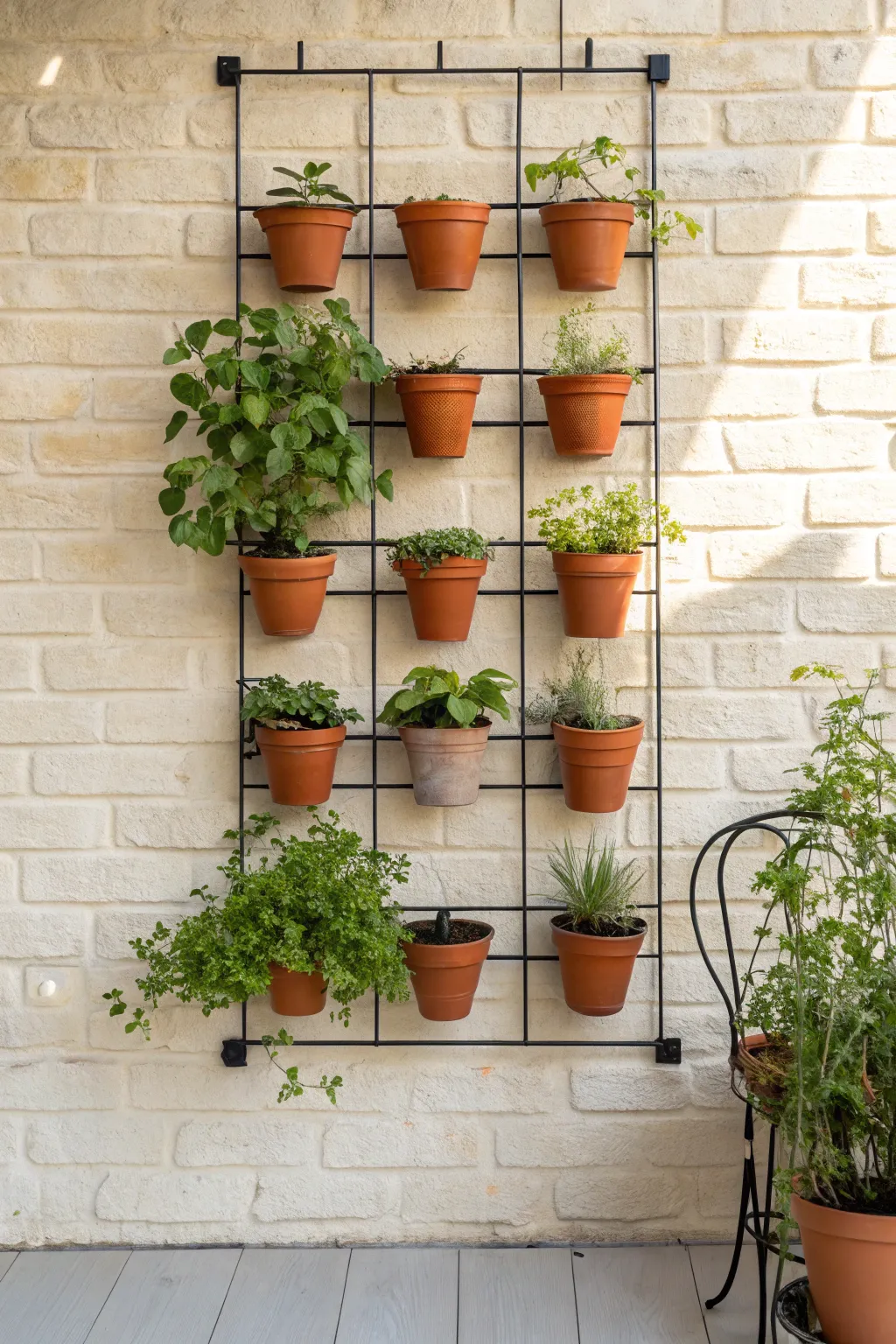 DIY terracotta vertical garden on the wall, mixing leafy greens for a calm Scandinavian look