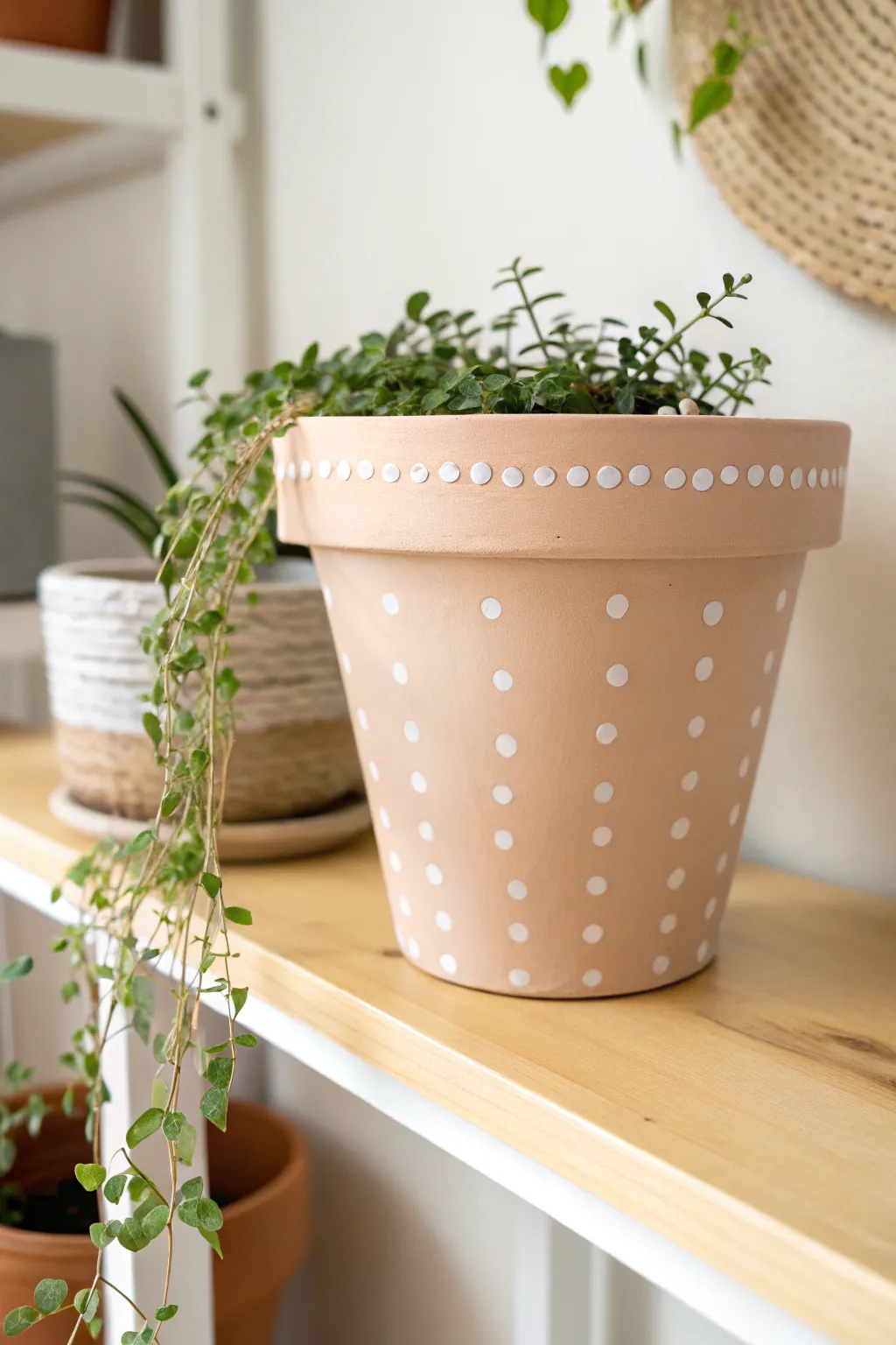 Grown-up polka dot terracotta pot with a crisp rim, styled simply on a light wood shelf