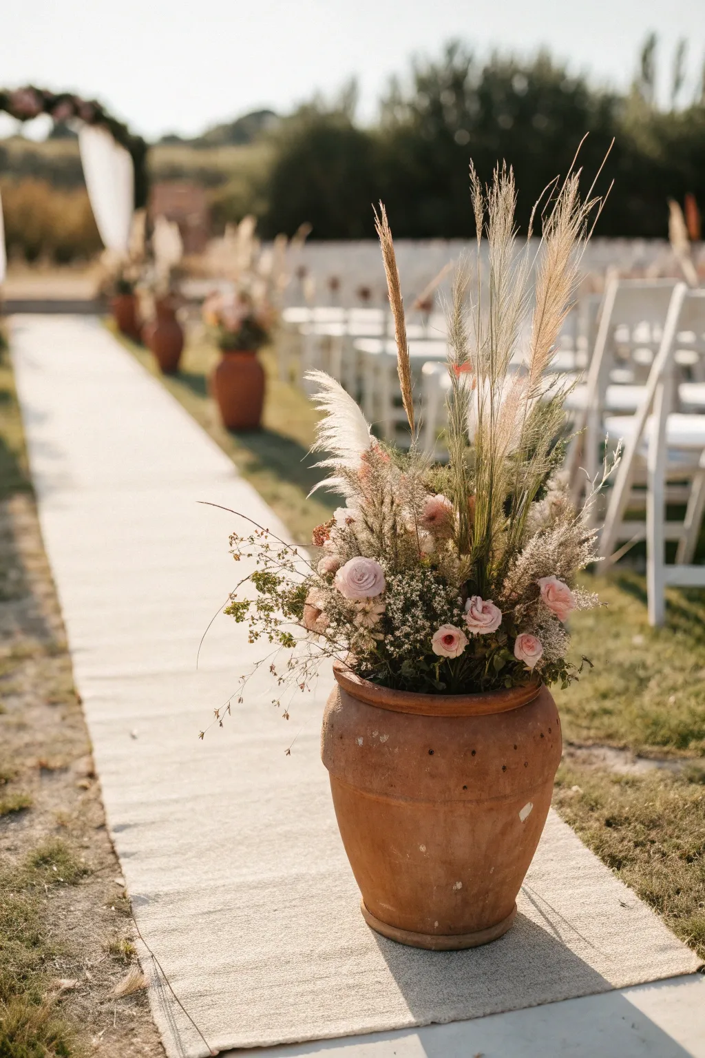 Terracotta pots with airy grasses create a warm minimalist aisle, perfect for modern boho weddings