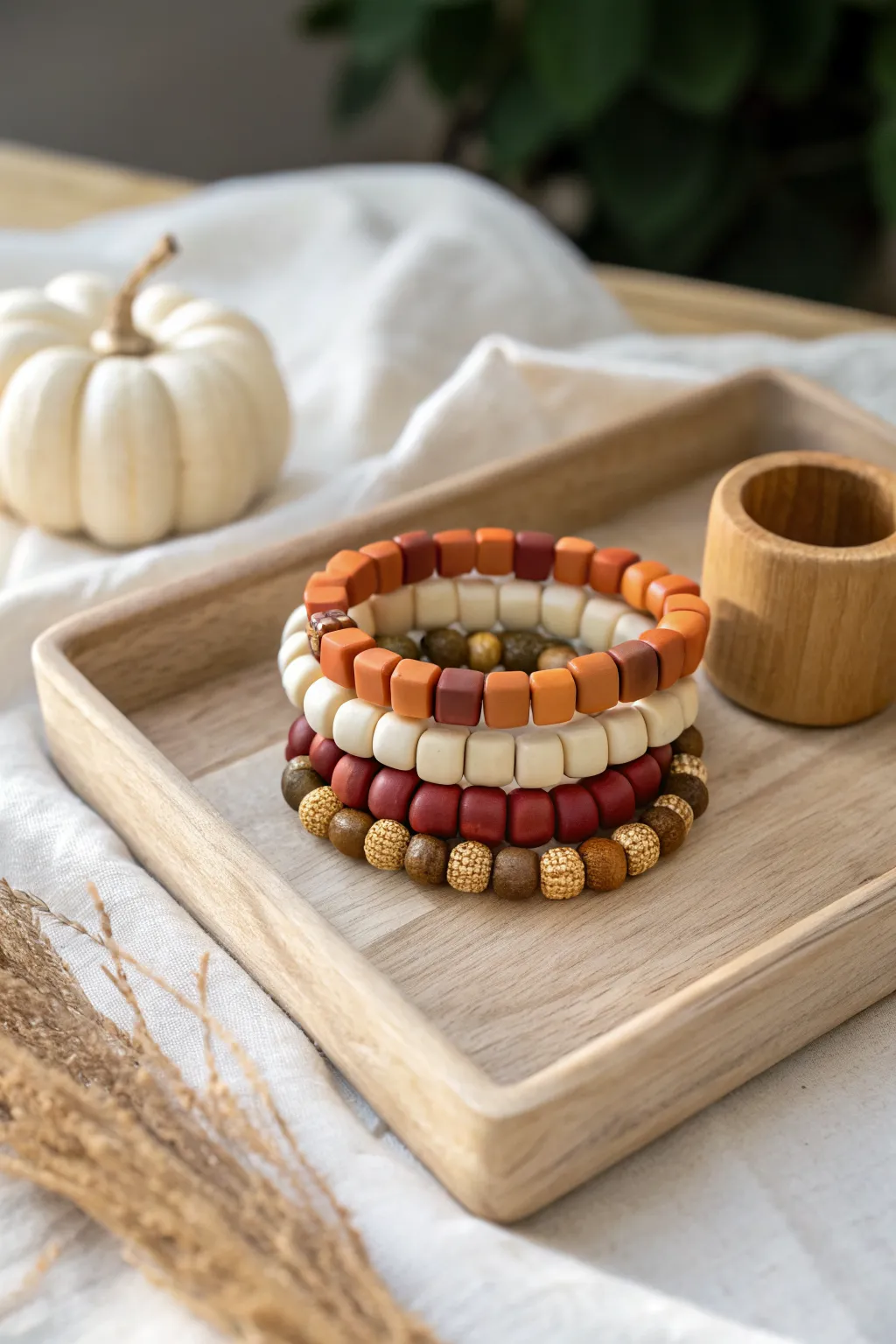 Cornucopia-inspired color-block clay bead bracelets with gold spacers in cozy autumn tones.