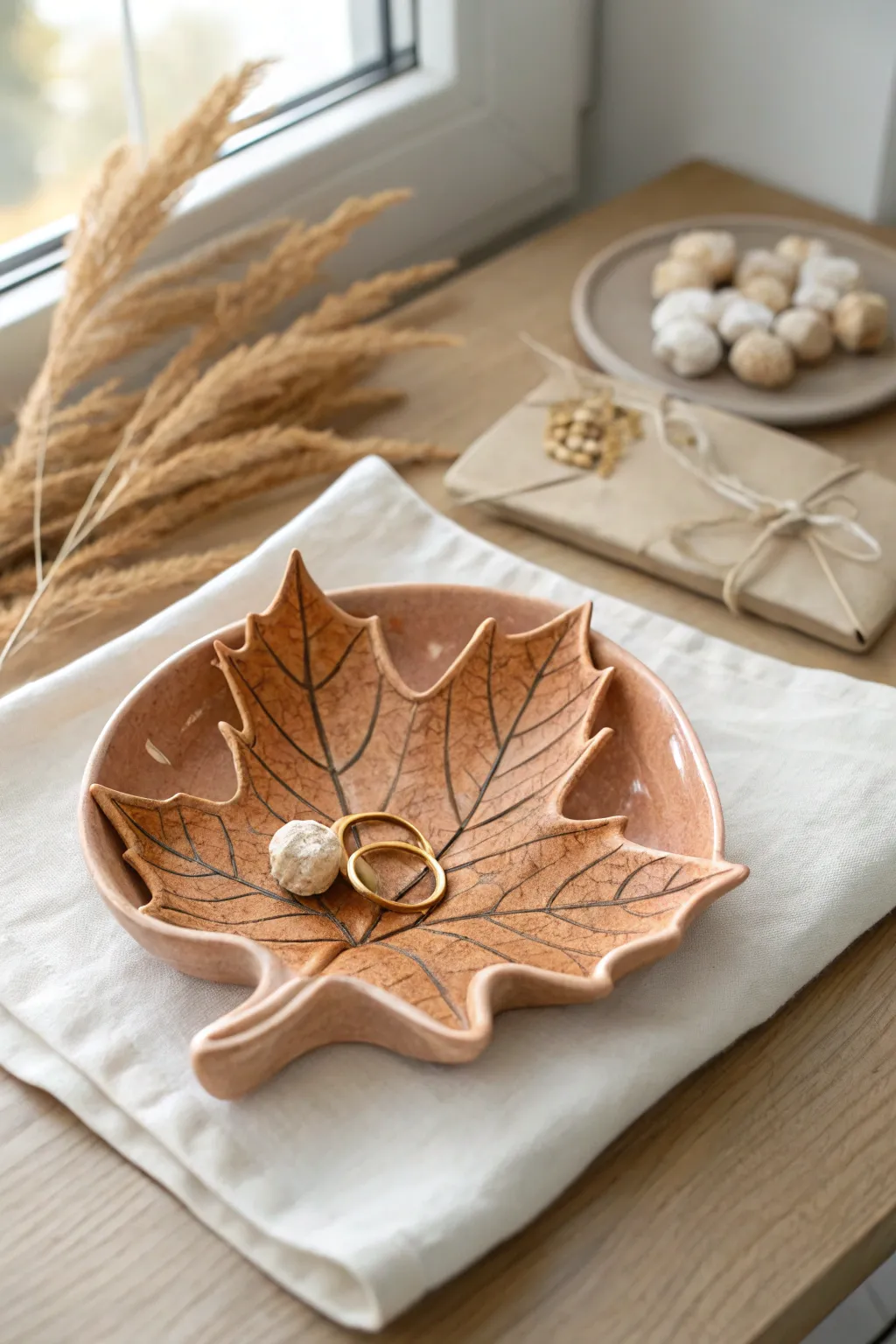 Leaf-imprint clay trinket dish in warm Thanksgiving tones, perfect for rings and sweets