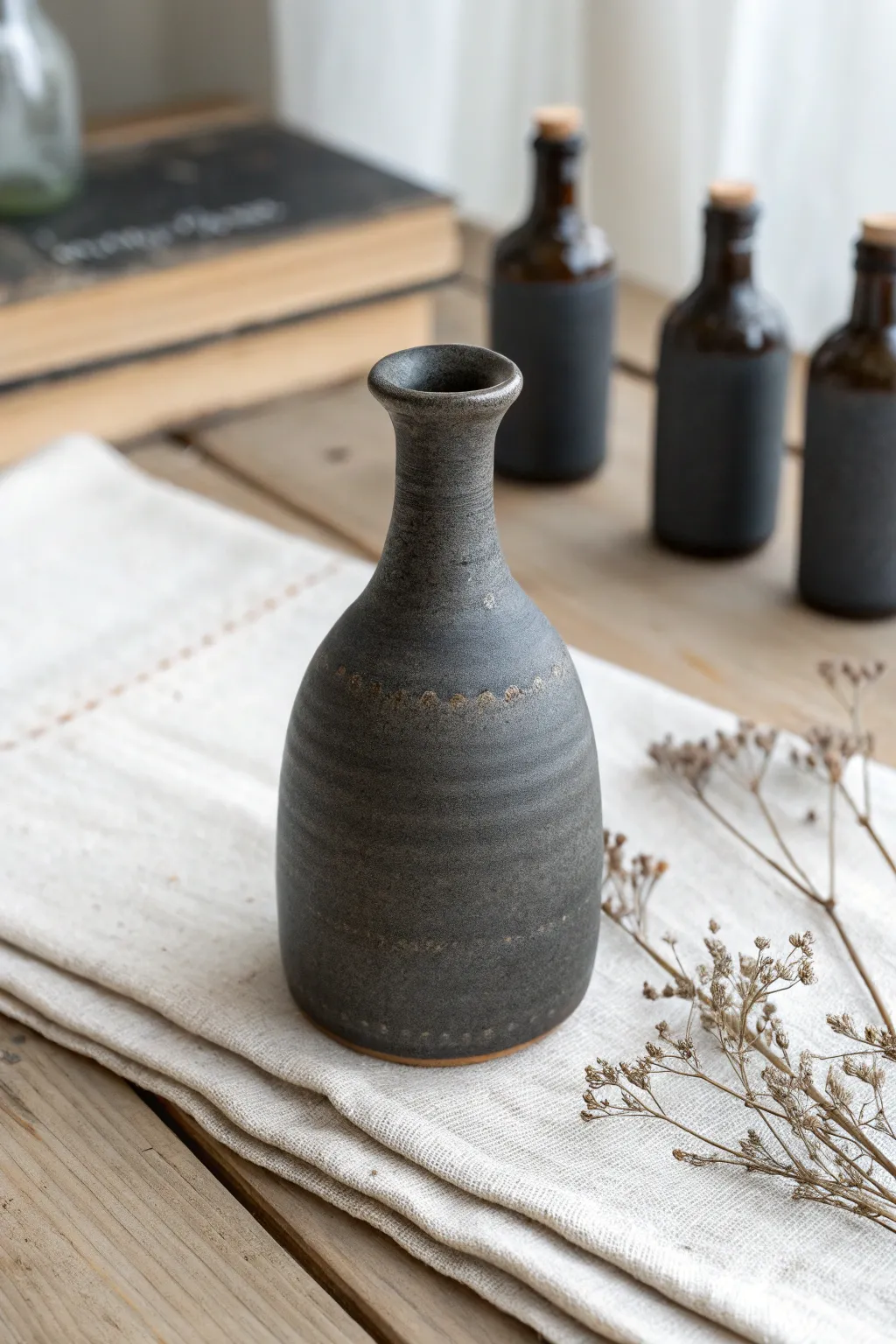 Mini pinch-neck bottles with soft shoulders, simple silhouettes, and timeless handmade charm.