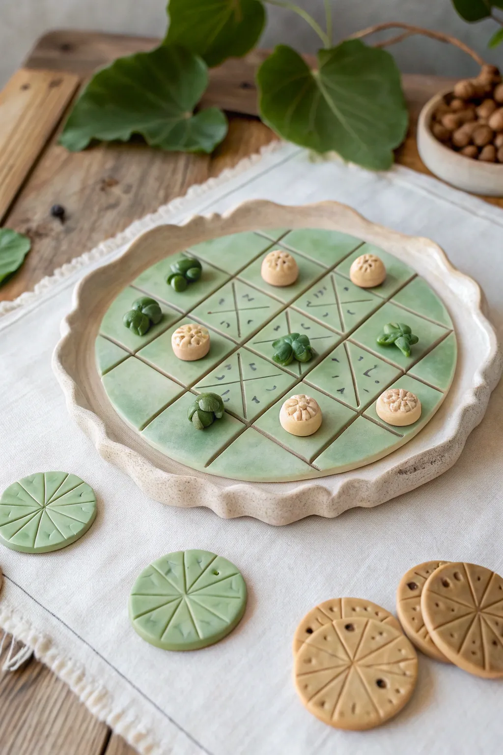 Lily pad tic tac toe set with cute frog and mushroom pieces in calm minimalist pond tones