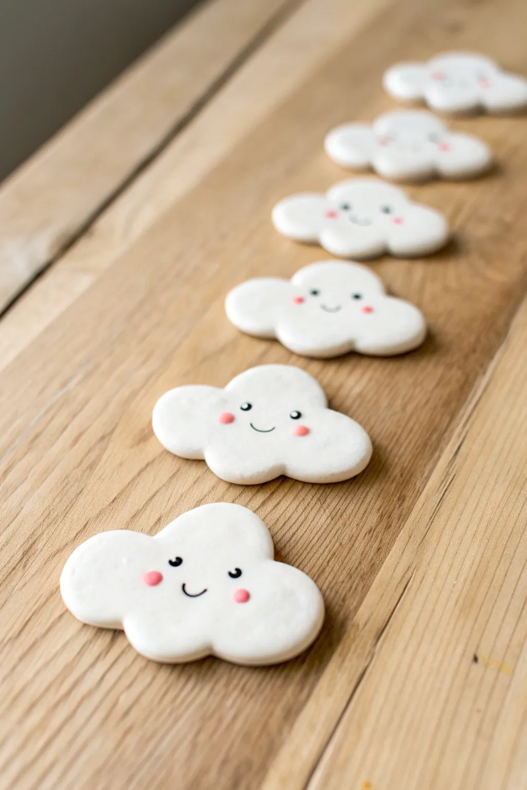 Tiny air dry clay cloud tokens with simple faces, lined up for an easy minimalist craft.