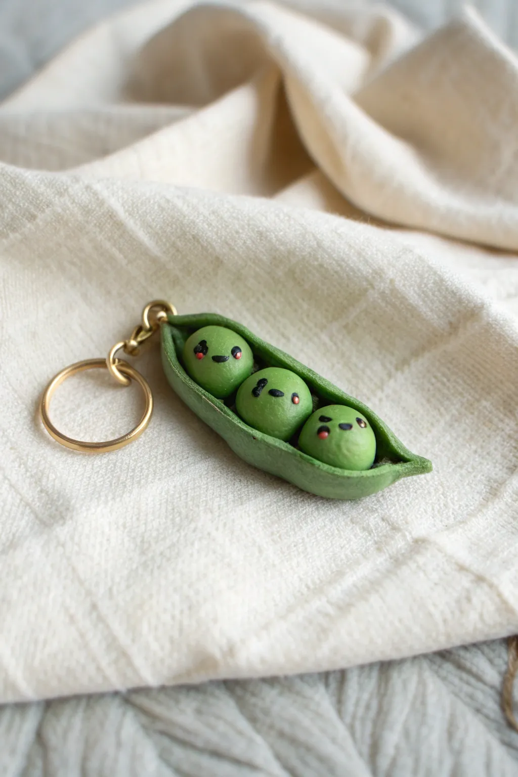 Tiny peas in a pod charm with sweet faces, a minimalist clay keychain for everyday joy