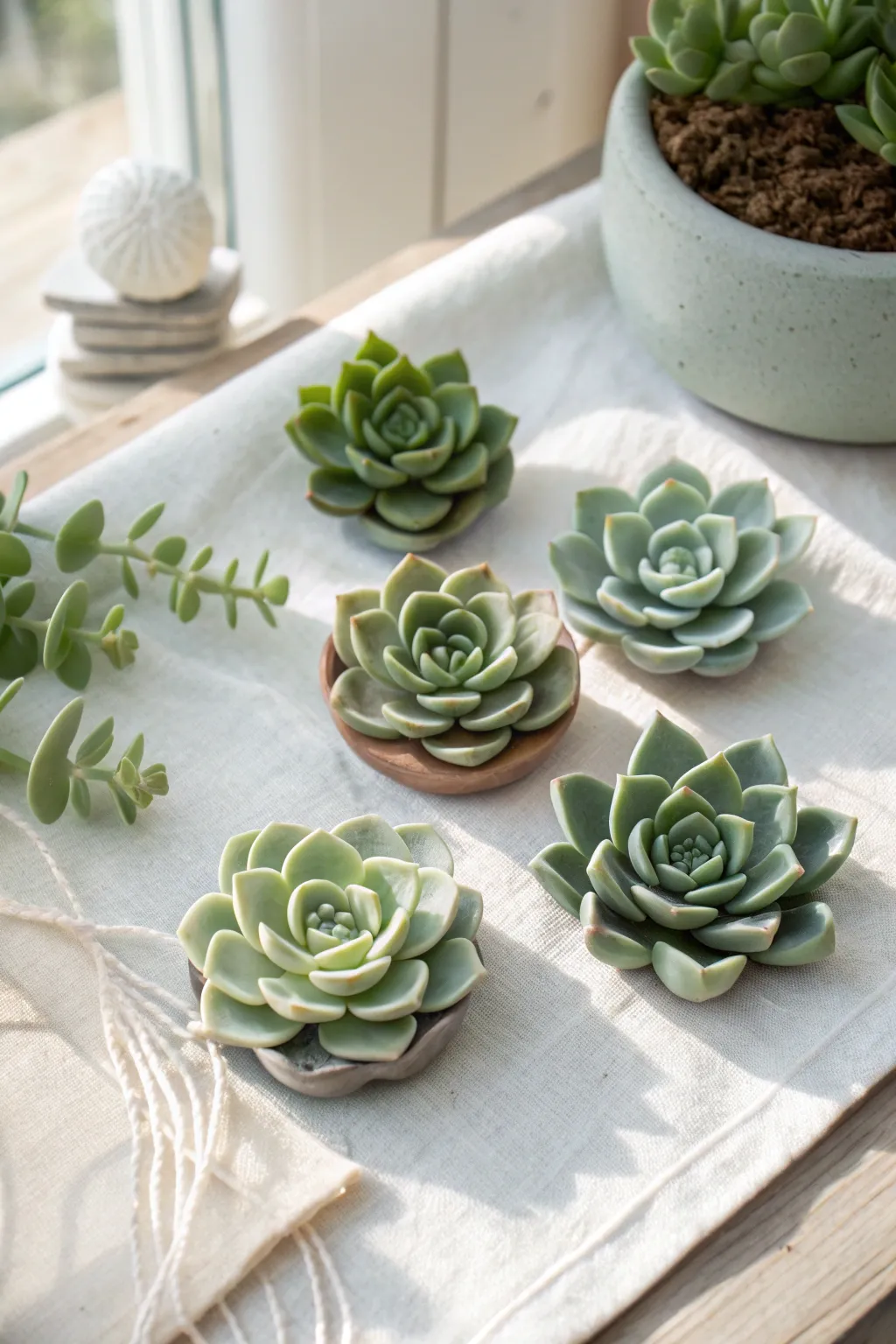 Tiny clay succulent rosettes in calming greens, a simple minimalist set with soft boho warmth