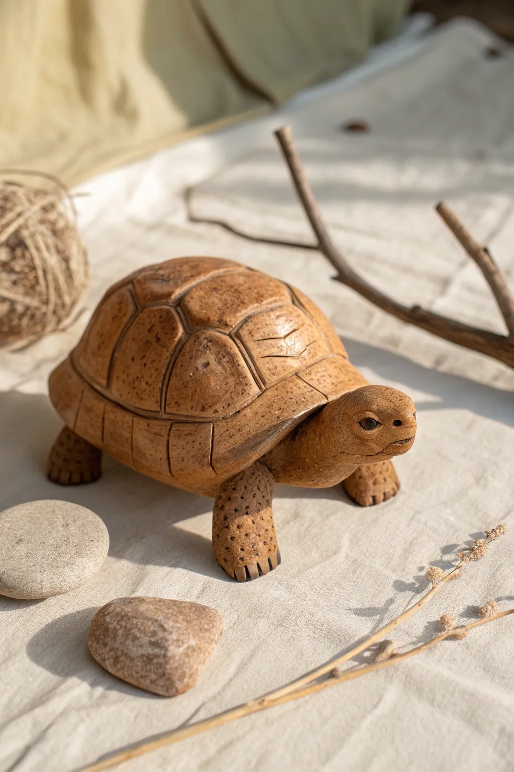 Chunky clay tortoise with a tall dome shell and earthy tones, styled minimal with pebble and twig.