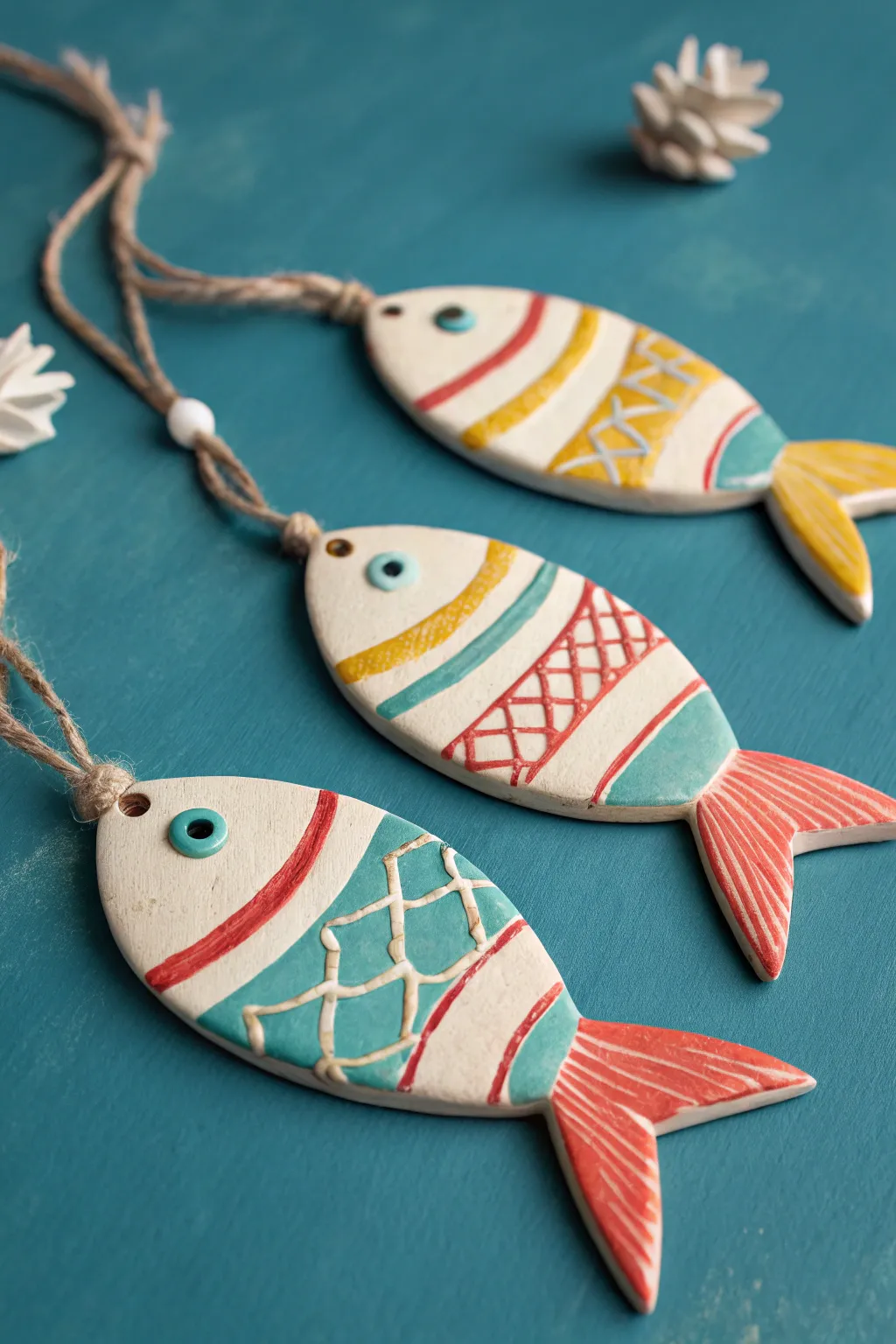 Three bold striped clay fish on ocean-blue, a simple under-the-sea trio with crafted 3D fins.