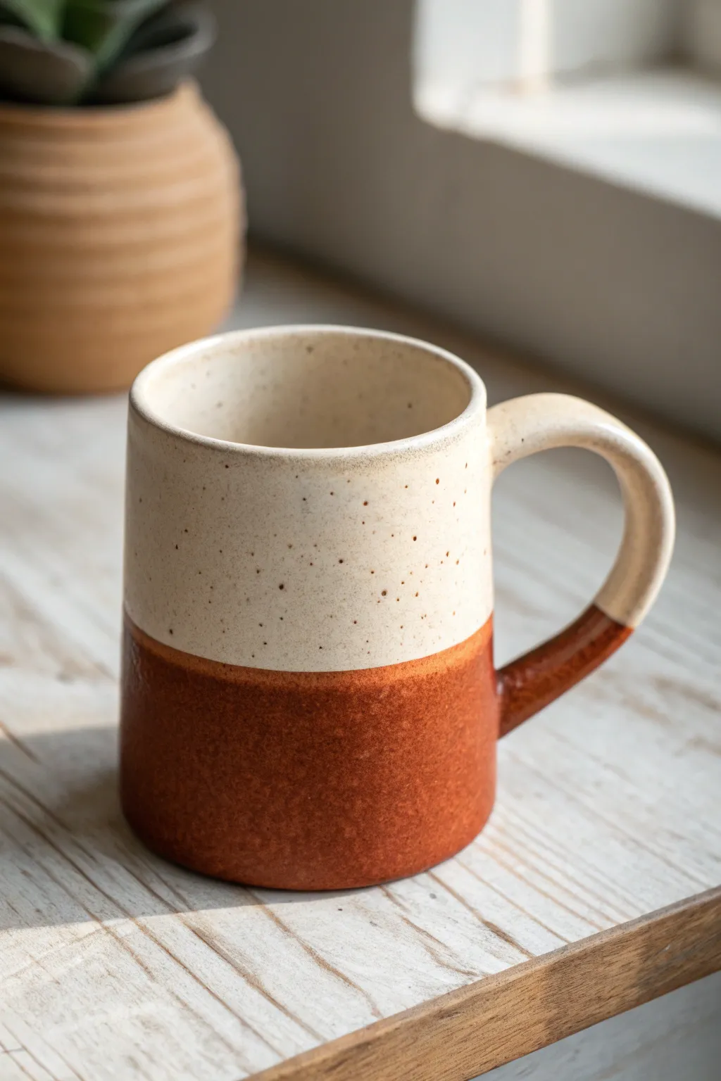 Two-tone dipped glaze mug with a crisp divide for a clean, minimalist look and bold contrast.