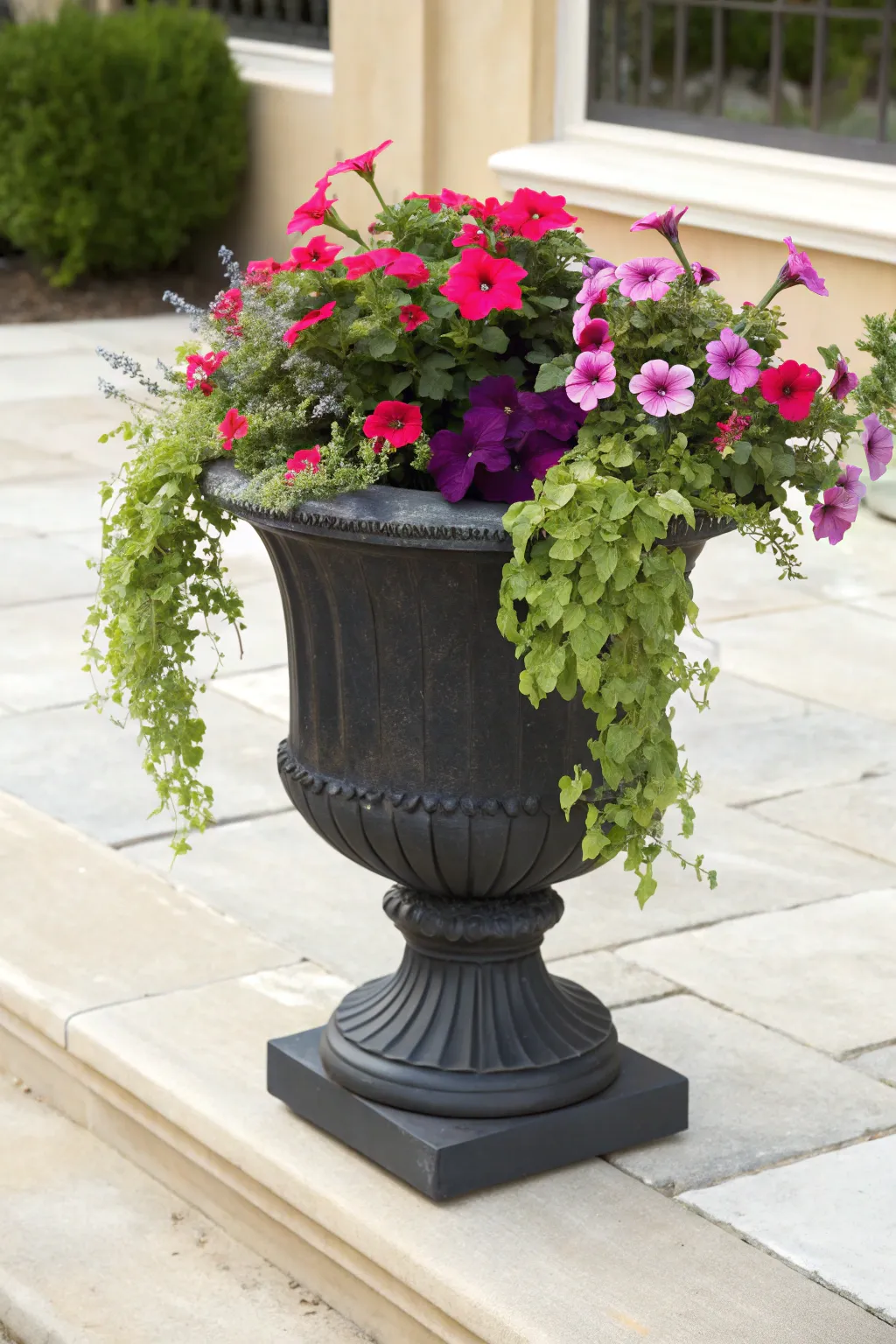 Matte black urn planter with vibrant annual blooms and a trailing touch for bold entryway contrast.