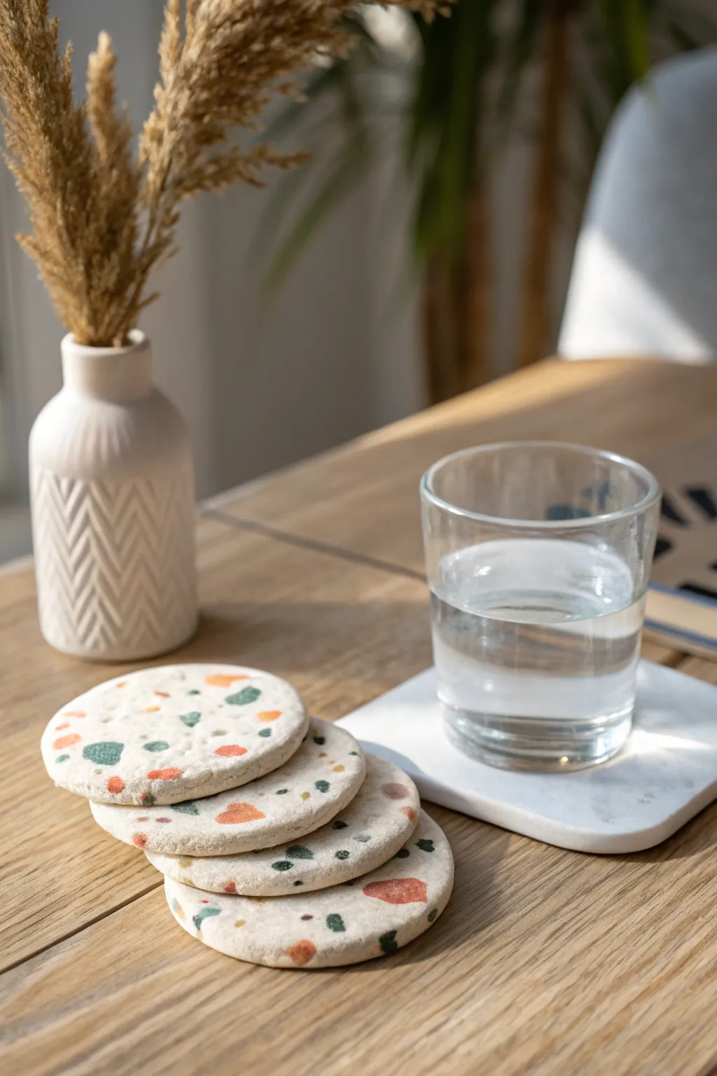 Minimal terrazzo polymer clay coasters with a smooth finish, styled on a light wood table