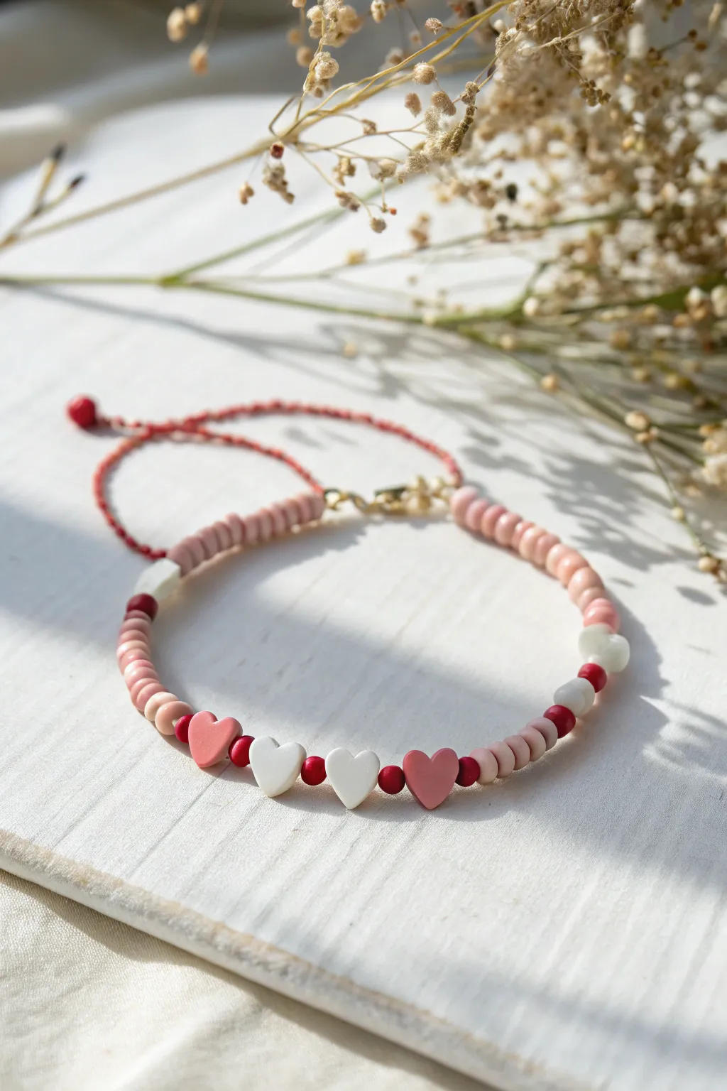 Tiny heart beads pop between pink, red, and white heishi for a simple Valentine bracelet