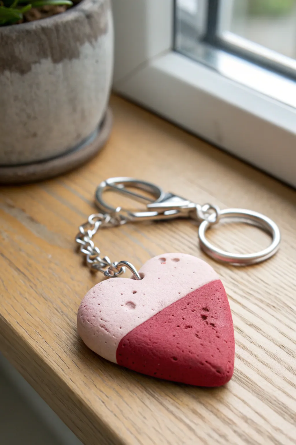 Chunky two tone heart keychain in blush and red, minimalist Valentine charm with handmade feel