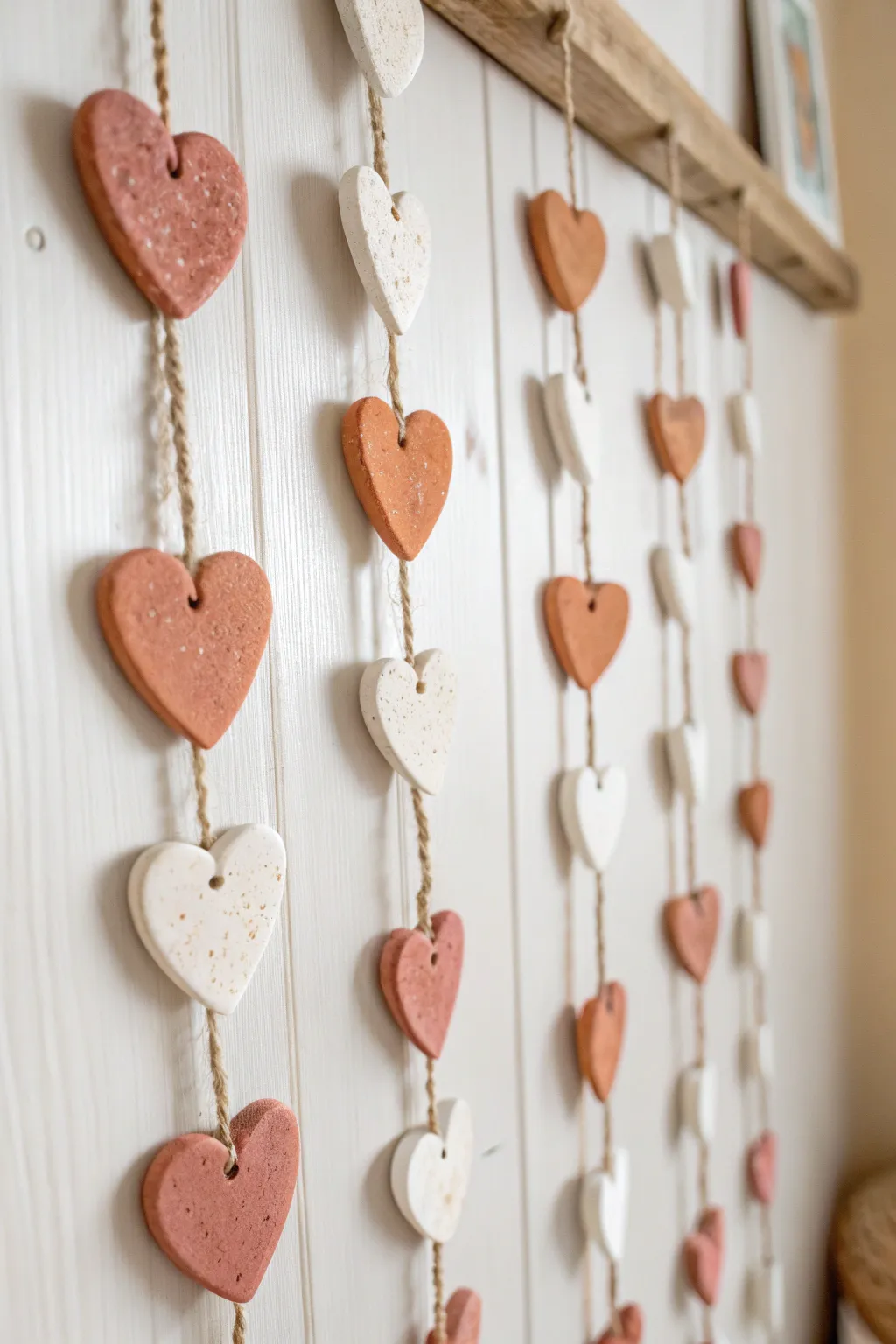 Sweet air dry clay heart garland medallions in blush and terracotta, minimalist boho charm