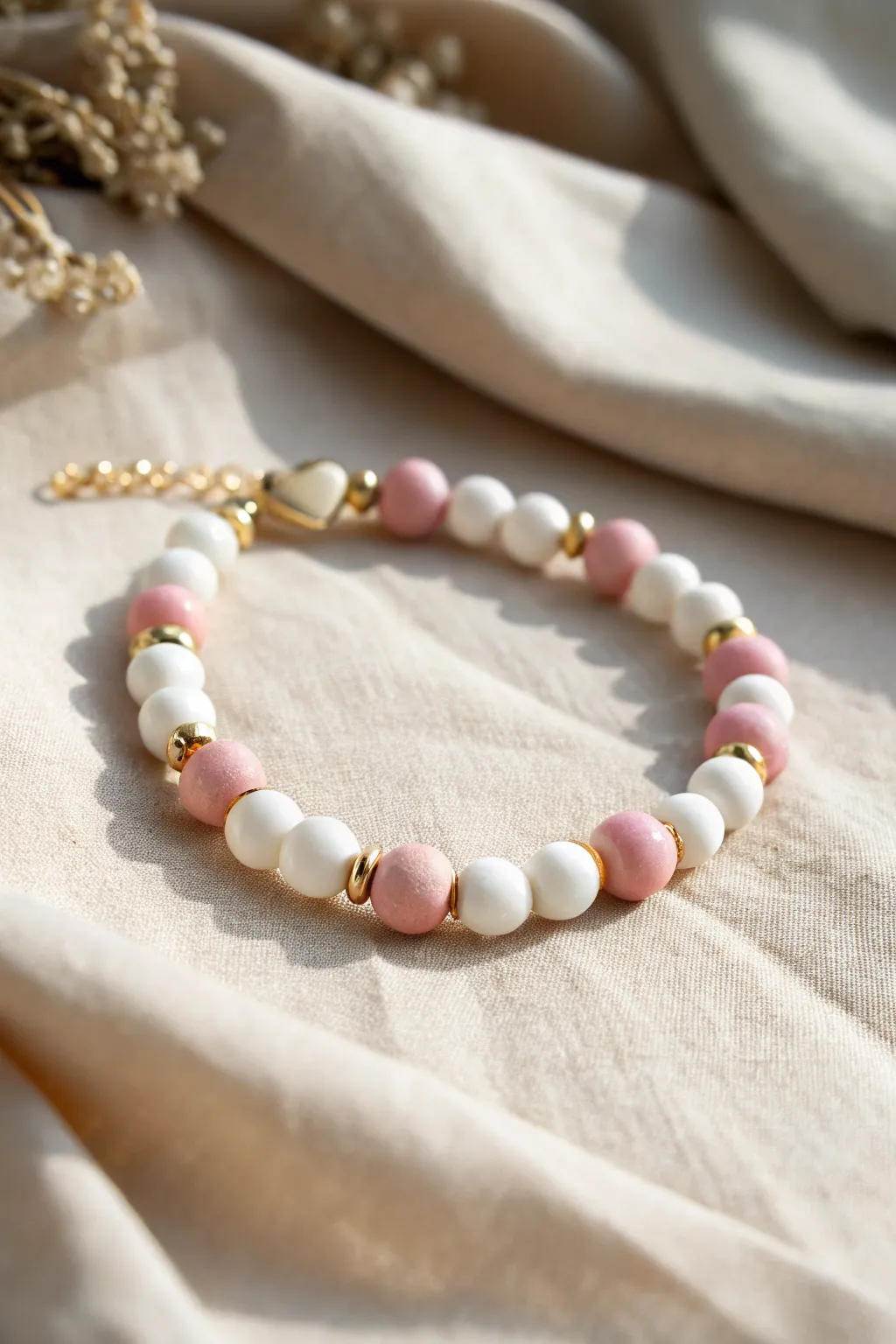 Blush and white heart station clay bead bracelet, minimalist, handmade, and Valentine-ready