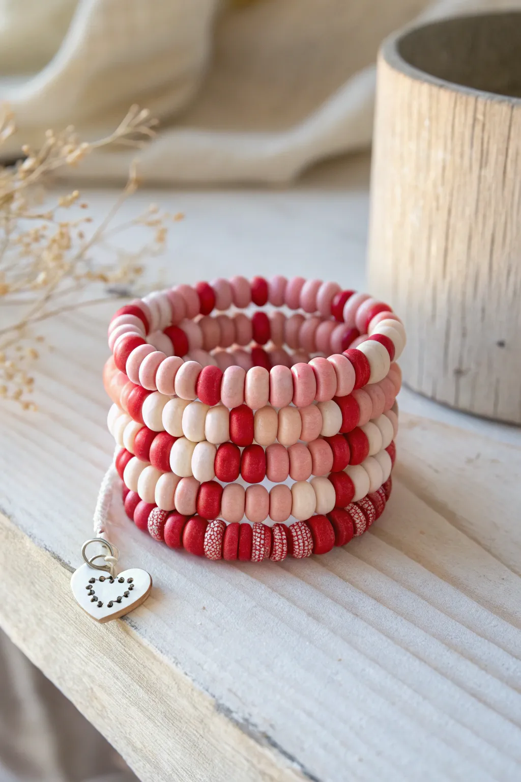 Sweet striped clay bead bracelet with tiny heart accents, styled with a simple white stacker.