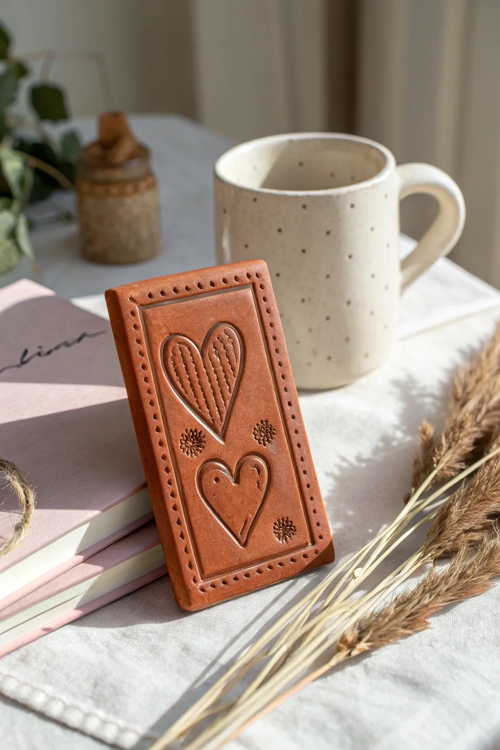 Minimal clay message plaque with carved hearts, perfect Valentine decor for a cozy Scandinavian desk.