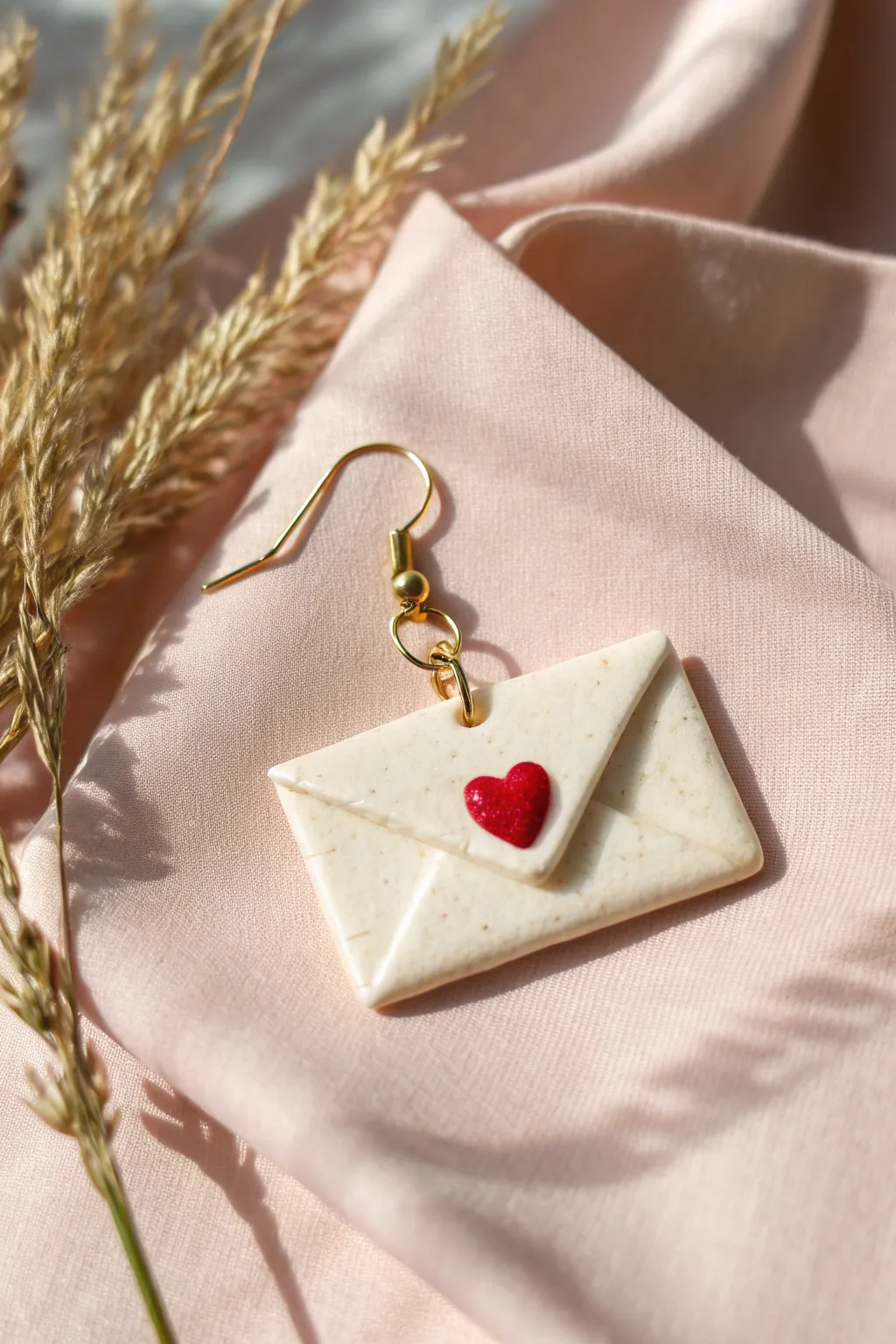 Sweet envelope dangle earring with tiny red heart seal, perfect for Valentines polymer clay