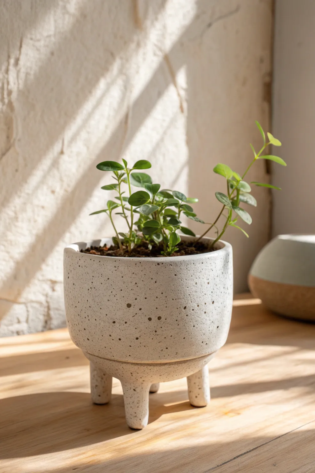 Leggy little planter on tiny feet bringing playful weird pottery vibes to a calm, neutral space.