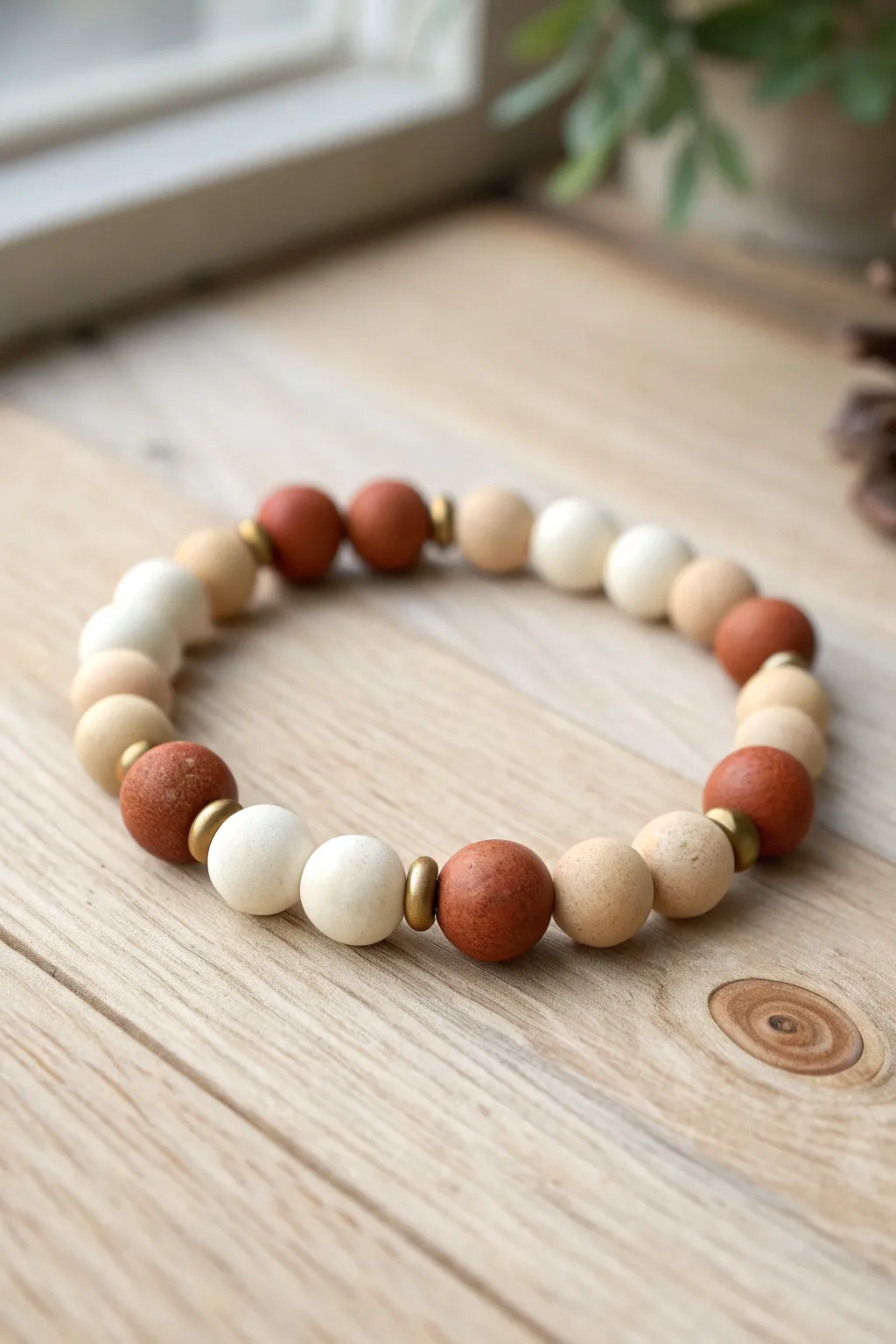 Cream and tan ranch clay bead bracelet with a simple spacer, minimal, warm, and handmade.