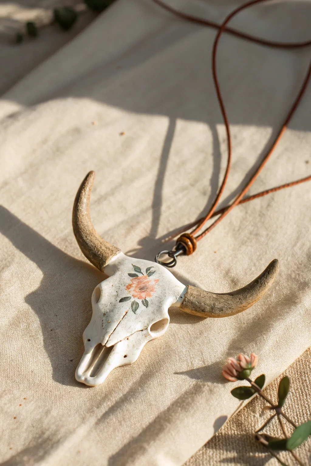 Minimal boho longhorn skull pendant in clay, soft floral accent and warm neutral styling.