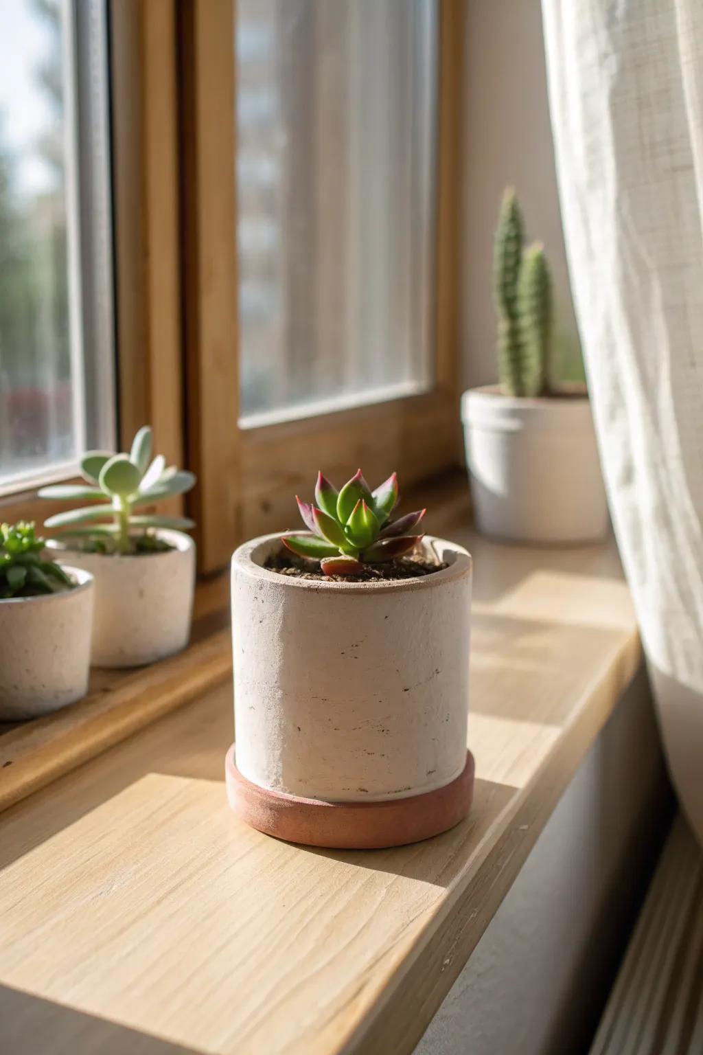 Tiny handmade clay planter with a sweet succulent, perfect beginner mini pot for sunny sills