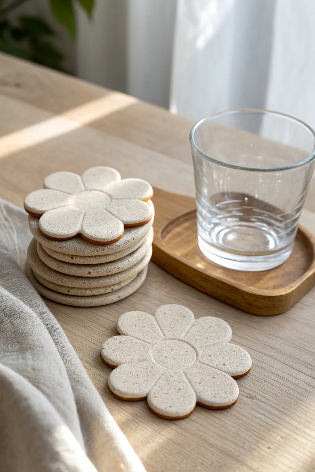 Matte flower clay coasters in a cozy minimalist stack, ready for your favorite drink