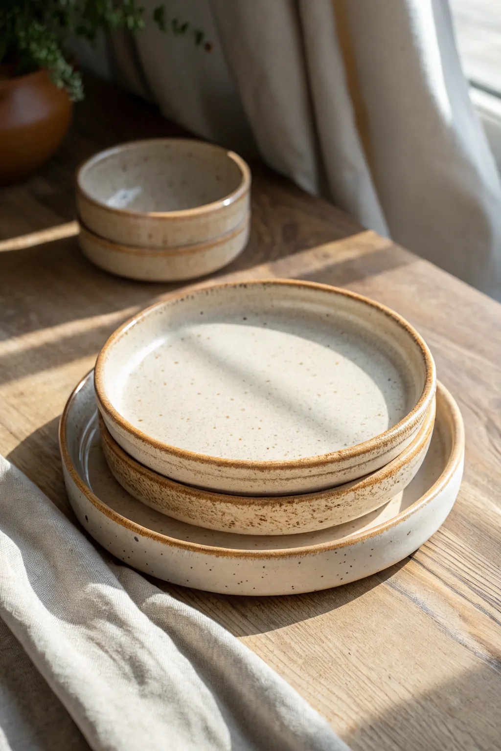 Minimal wheel-thrown snack plate with a clean wide rim, stacked to showcase the refined profile.