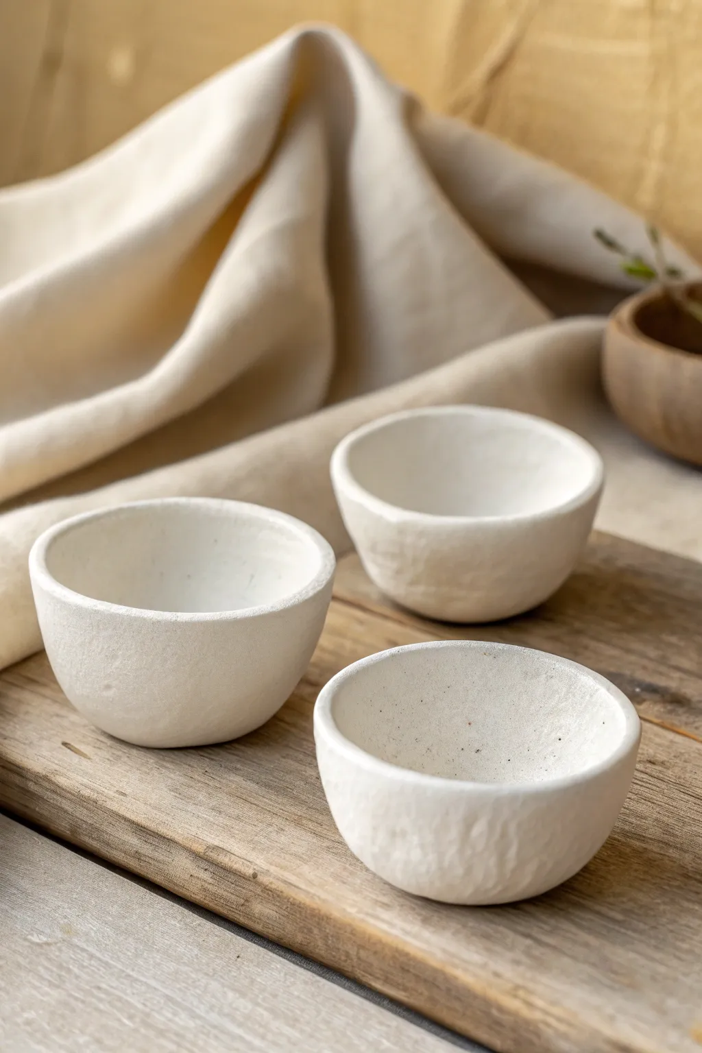 Three matte white clay pinch pots in soft neutral tones, minimalist Scandinavian boho charm