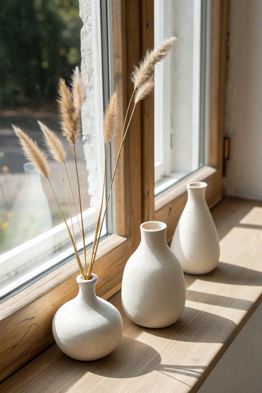 Three tiny matte-white bud vases with dried stems, sunlit on a minimalist windowsill
