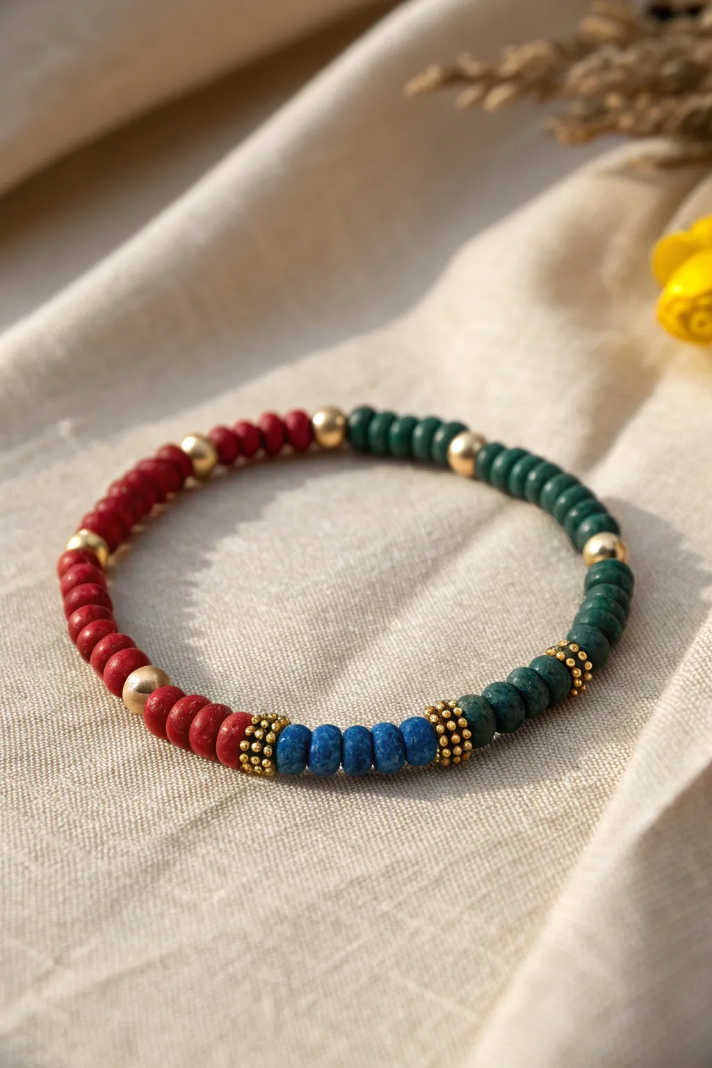 Four-house colorblock clay bead bracelet on linen, minimalist, earthy, and beautifully handmade.
