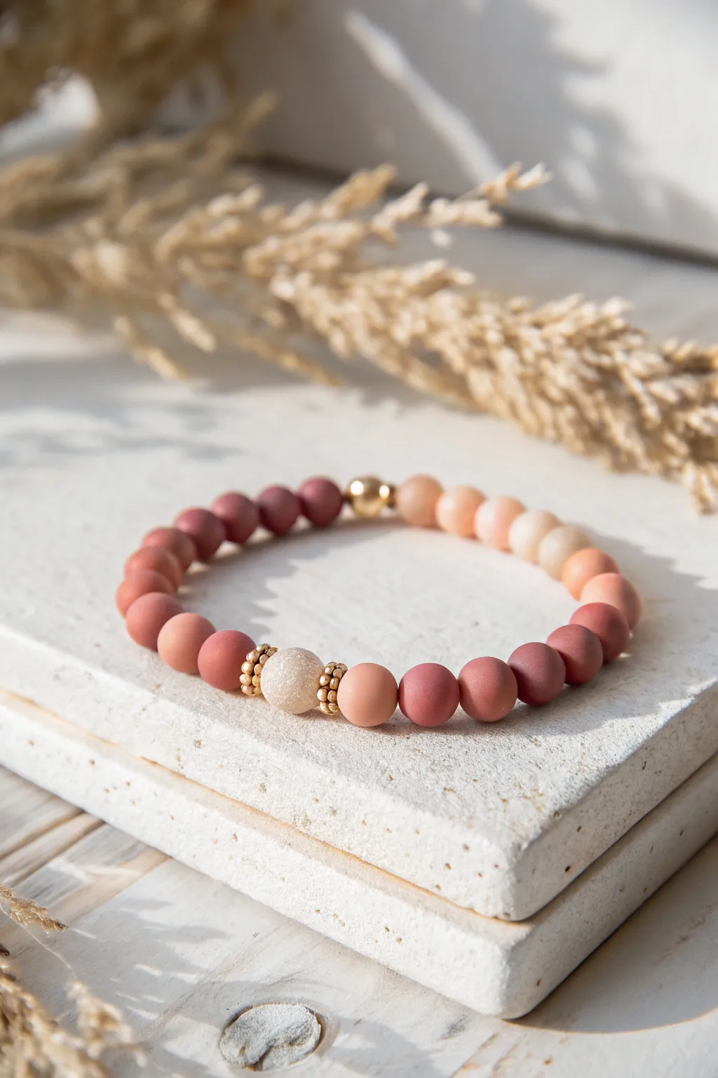 Soft blush-to-cream ombré clay bead bracelet, minimal boutique styling with cozy boho warmth.